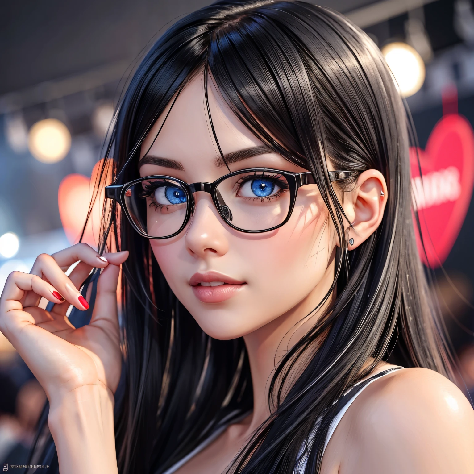 a girl in valentine's day waiting for her boyfriend showing her , sexy, ((detailed )), festival scenery, blue eyes, glasses, medium breasts, flirtatious, black straight hair, ((very detailed)), perfectly detailed face, detailed hand, photorealistic image.