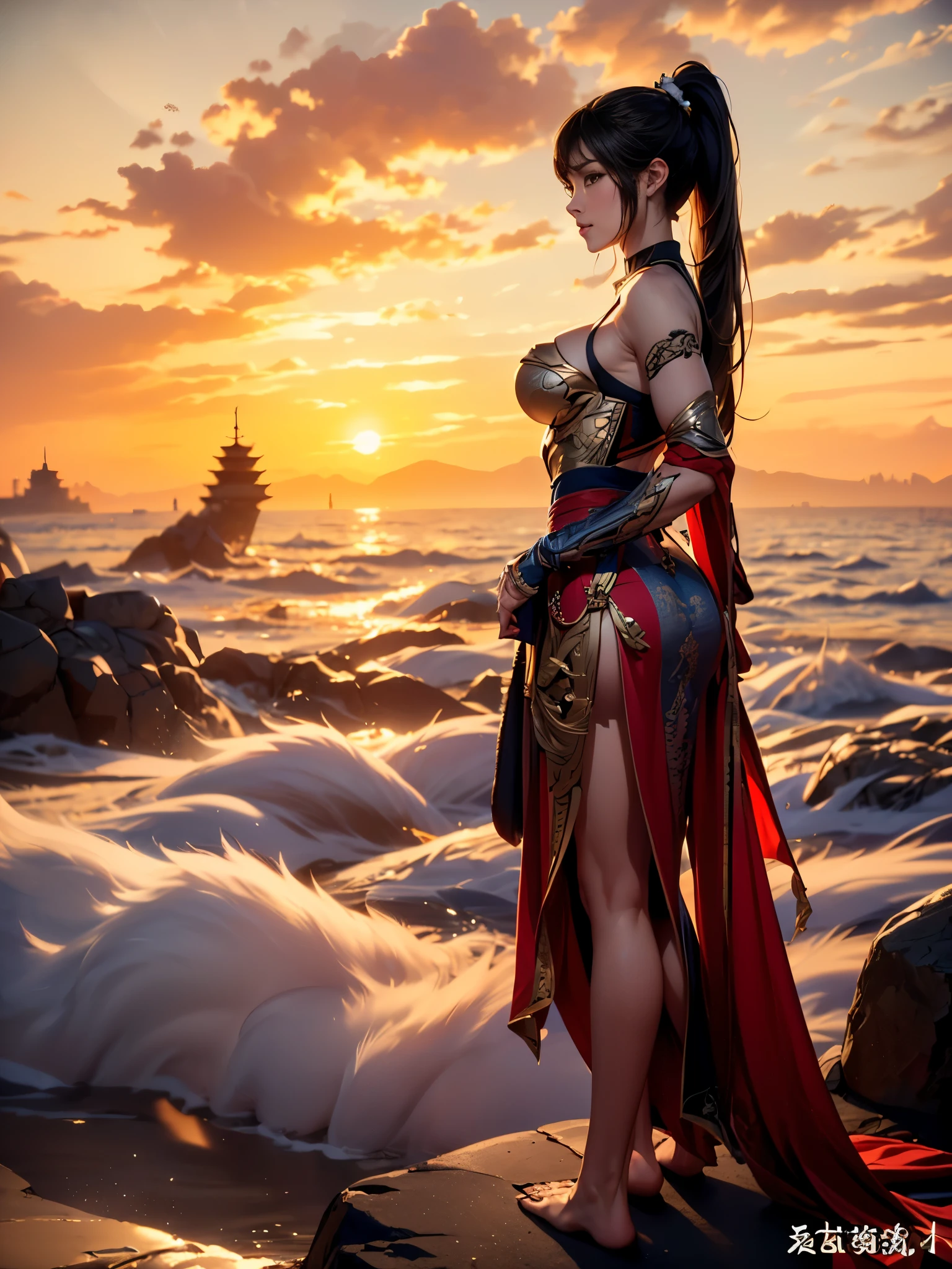 ((Full body portrait，Full body picture，Vision,The background is a sea of clouds，Mountain tops emerging from the sea of clouds，Sunset，The setting sun turned the sky red，Woman standing on the edge of a cliff。The woman has the face of an Asian goddess，Straight Hair，长发扎着高High Ponytail，Armor inlaid on smooth skin，Slender bare feet stepping on the stone，She looked up at the camera.。))((8k+Ultra-high resolution+Ultra-high definition+masterpiece+Very detailed+Awards+The award-winning)),(Perfect face+Supermodel+Delicate skin+High Ponytail+Huge breasts+Perfect hands+Beautiful hands+Perfect hands指+Beautiful hands指+Perfect legs+Perfect feet),[[[muscle]]],(((Anatomically correct))) ，The picture is extremely sharp，The details are meticulous，High-quality；Clever light handling，Create a dramatic atmosphere；Brushstroke Master，Impeccable professionalism，A haunting work of art。