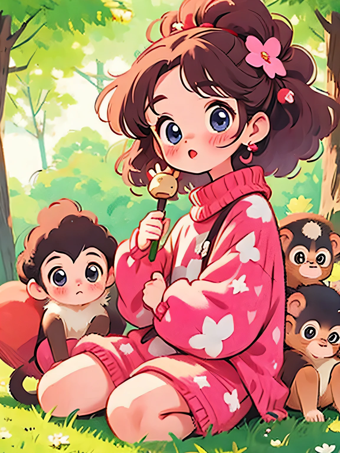 Momoko Sakura style, Kawaii Design, The most beautiful girl of all time、Chibi, Bob Hair、monkey, playing、monkey Forest