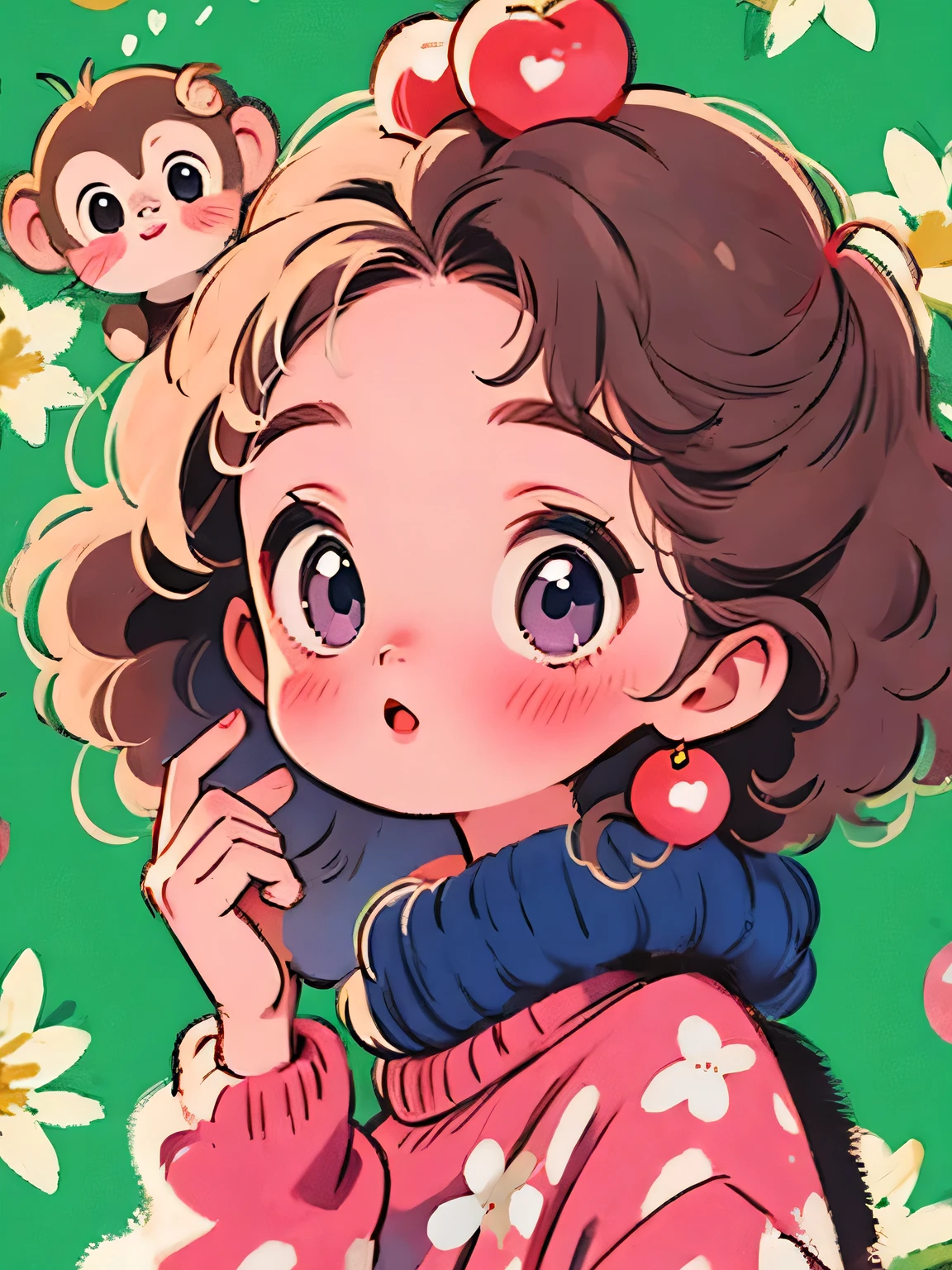 Momoko Sakura style, Kawaii Design, The most beautiful girl of all time、Chibi, Bob Hair、monkey, playing、monkey Forest