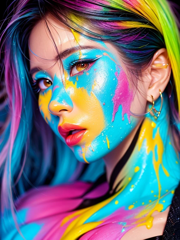 Glow in the dark ,the color glow of Bioluminescent , paint splashing,Captivating psychedelic surreal neon amazing universe beautiful gorgeous women in a bright colorful neon light,Mark Reiden、daniel merriam、Bright neon colors in the style of Frank Frazetta and Boris Vallejo, 、fashion clotheessy bun hair, super realism, trippy, ornate, beautiful, finest detail, intricated detail, hyper detailed, oil painting, intricate color details, ultra definitions,