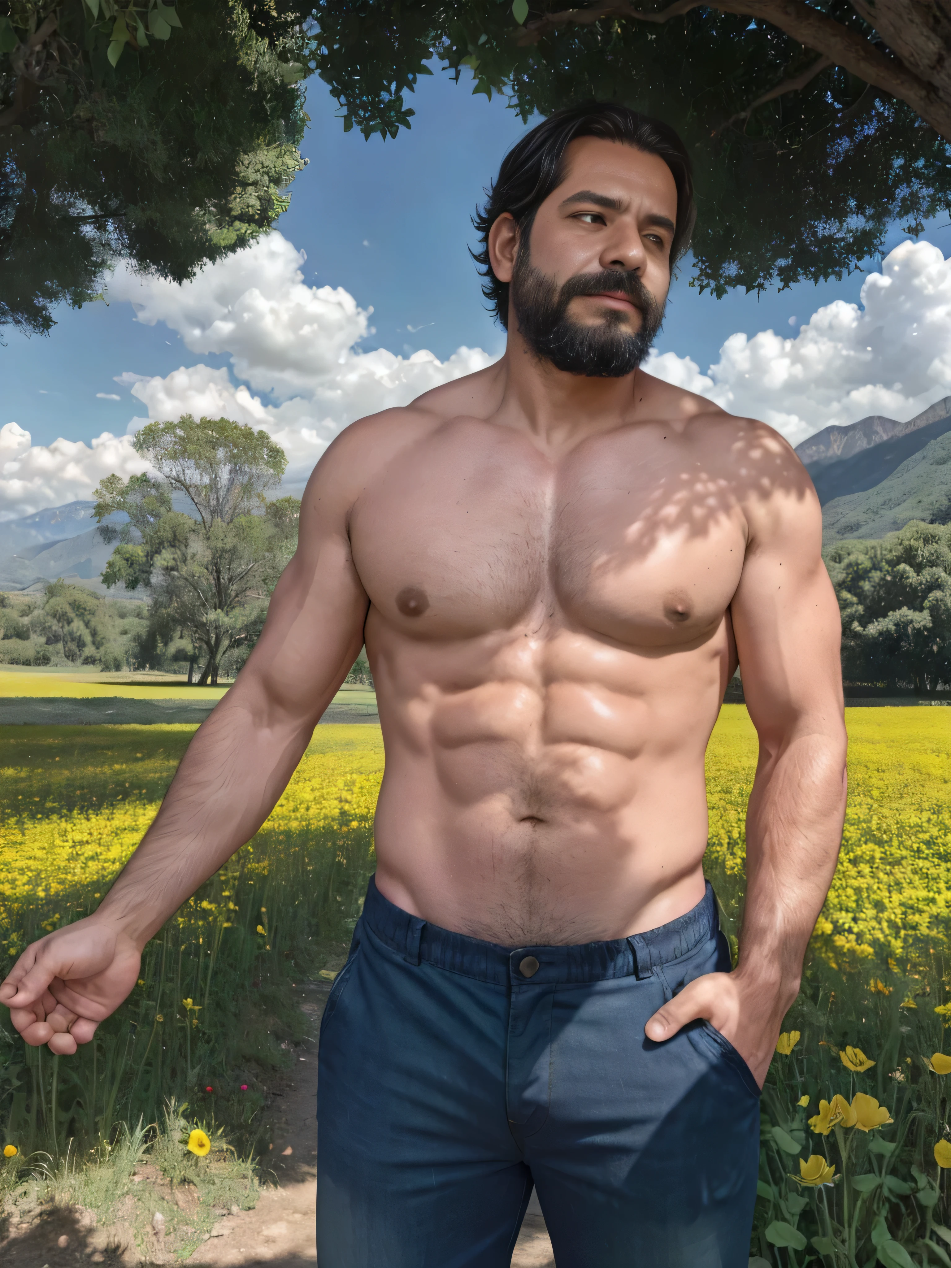 En una tarde soleada de verano, a 38-year-old man stands in a vast, green meadow, rodeado por la naturaleza en todo su esplendor. Lleva una barba bien cuidada y unos lentes de sol oscuros que protegen sus ojos del resplandor del sol. His checkered shirt in shades of red and white is slightly unbuttoned., revelando una camiseta blanca debajo. El viento agita suavemente su cabello oscuro, giving it a carefree and relaxed air.

The surrounding landscape is full of life and color. Flores silvestres de colores vibrantes, como amarillos, rojos y violetas, salpican el prado. Tall green trees border the field, and in the distance majestic mountains rise under a clear blue sky with some fluffy white clouds floating lazily.

The man is captured in a medium shot, mostrando claramente la parte superior de su cuerpo. Sus manos descansan en los bolsillos de sus pantalones de mezclilla, and his expression reflects deep peace and satisfaction. La luz dorada del sol crea sombras suaves y resalta los colores brillantes de las flores y su atuendo, capturing a perfect moment of harmonious connection with nature.