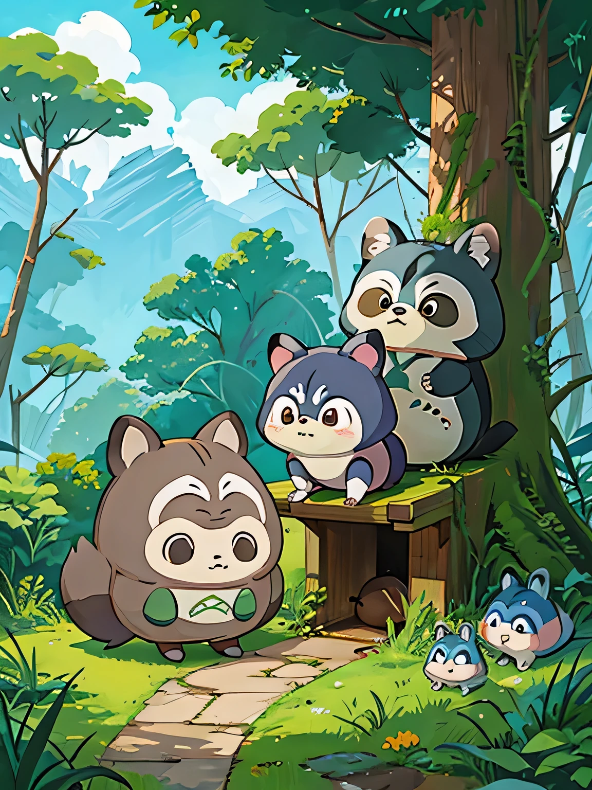 hayao miyazaki style, Kawaii Design, The most beautiful girl of all time、Chibi, Totoro、going to toilet together、Lots of cute raccoons、Playing with raccoon dogs、Totoro Forest