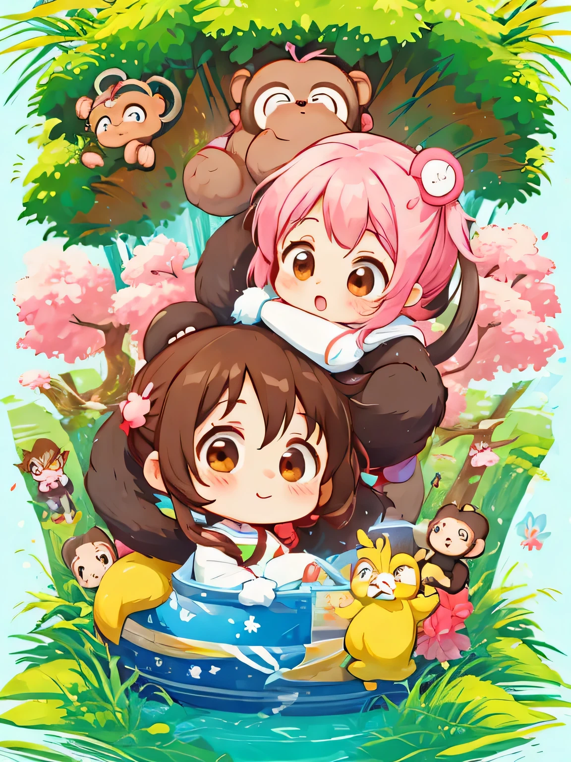 Momoko Sakura style, Kawaii Design, Chibi girl monkey, monkey Forest