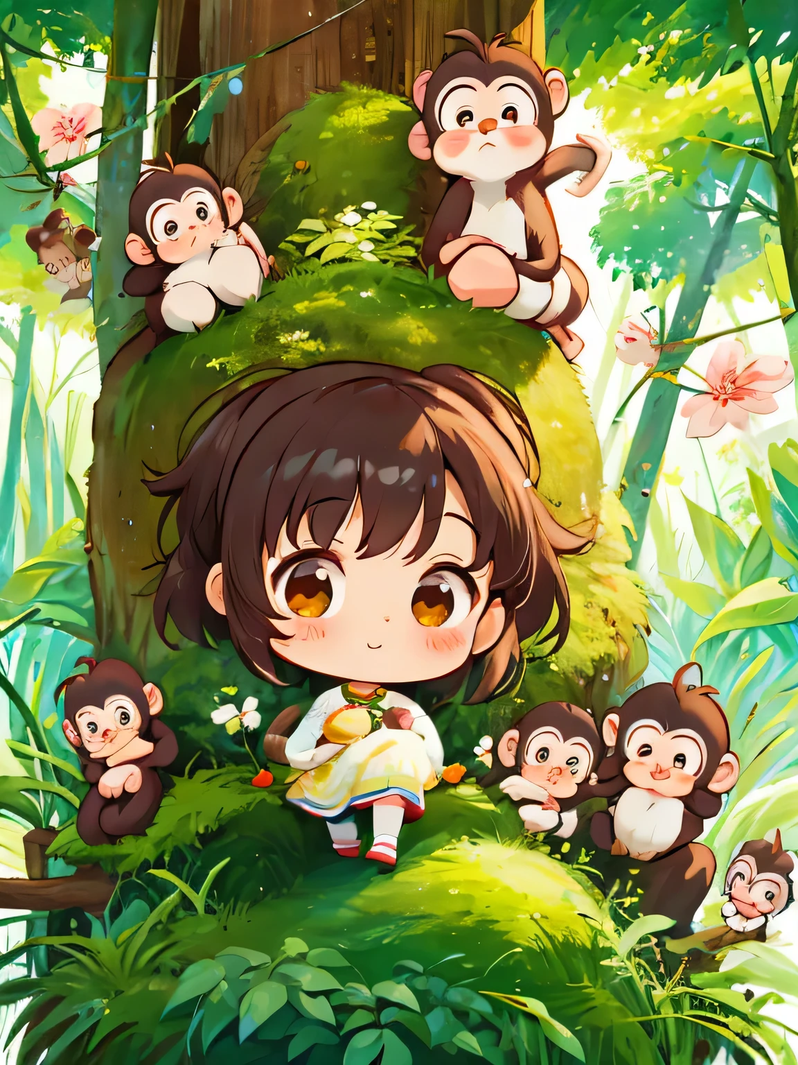 Momoko Sakura style, Kawaii Design, Chibi girl monkey, monkey Forest