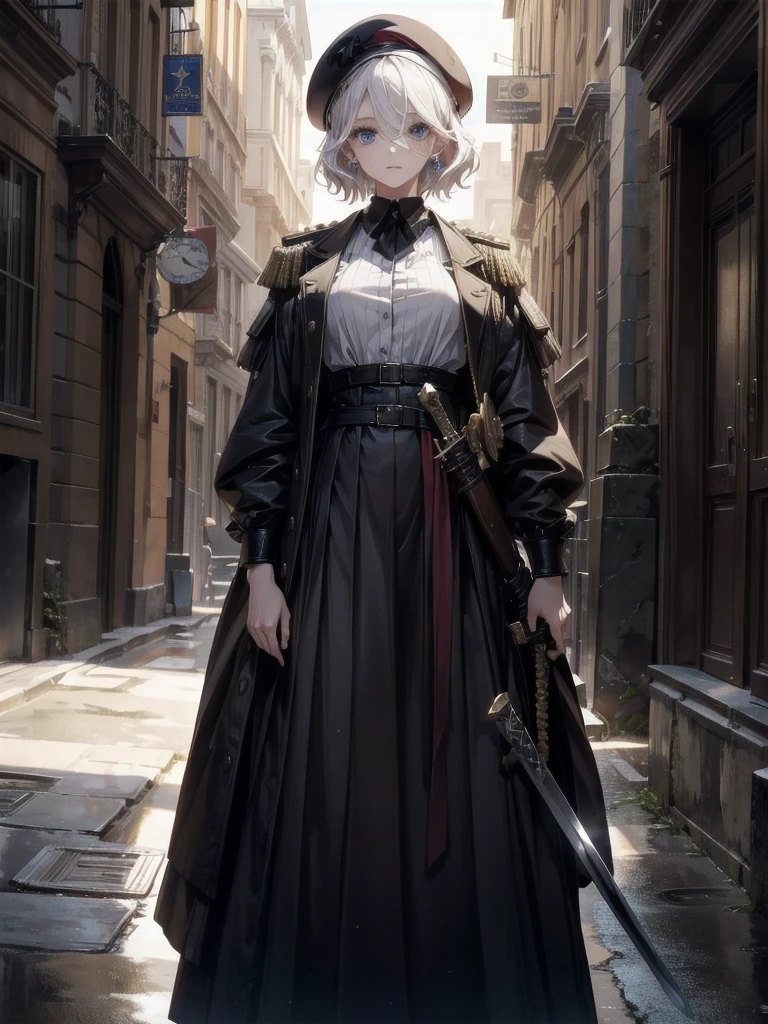 whole body, super model, perfect shape, beret, skirt, uniform, holding a sword, absurdres, RAW photo, extremely delicate and beautiful, masterpiece, Best Quality, ultra high resolution, 32k, hyperrealistic, ultra-detailed, perfect figure, detailed description, pale skin, 20 years old, detailed beautiful face and eyes, tearful mole, earring, short medium hair, wavy hair,
