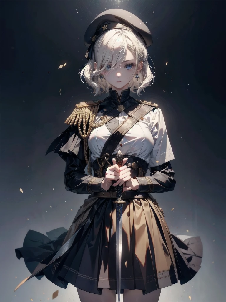 whole body, super model, perfect shape, beret, skirt, uniform, holding a sword, absurdres, RAW photo, extremely delicate and beautiful, masterpiece, Best Quality, ultra high resolution, 32k, hyperrealistic, ultra-detailed, perfect figure, detailed description, pale skin, 20 years old, detailed beautiful face and eyes, tearful mole, earring, short medium hair, wavy hair,