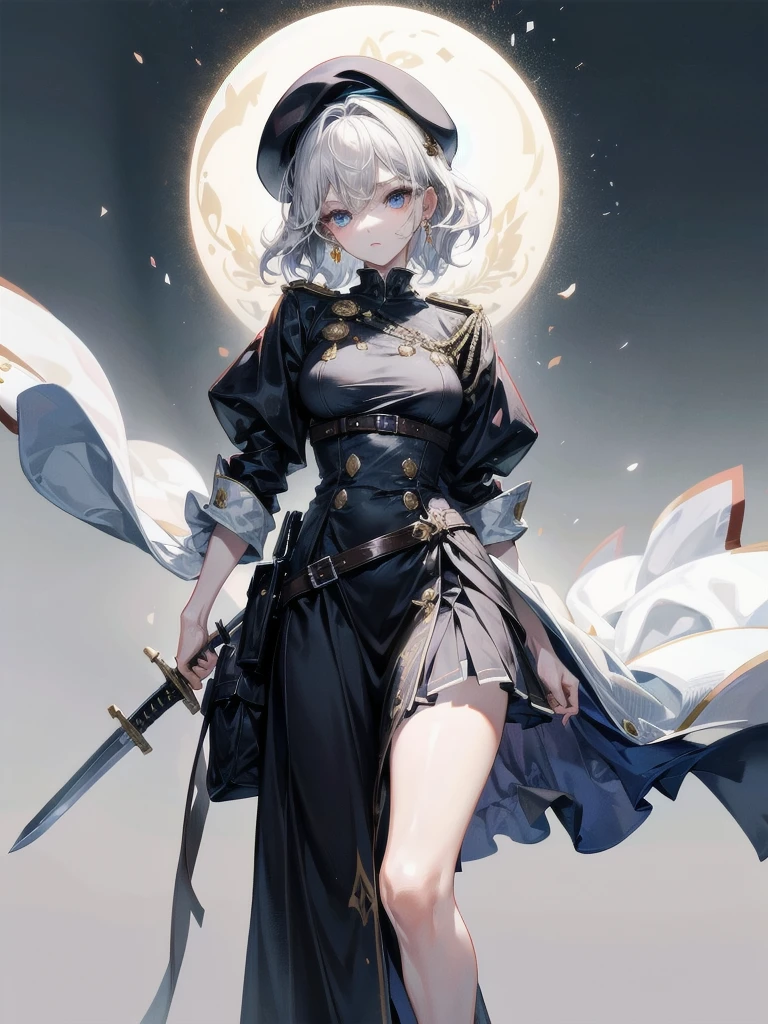 whole body, super model, perfect shape, beret, skirt, uniform, holding a sword, absurdres, RAW photo, extremely delicate and beautiful, masterpiece, Best Quality, ultra high resolution, 32k, hyperrealistic, ultra-detailed, perfect figure, detailed description, pale skin, 20 years old, detailed beautiful face and eyes, tearful mole, earring, short medium hair, wavy hair,
