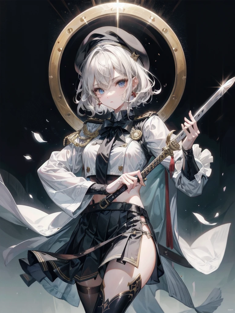 whole body, super model, perfect shape, beret, skirt, uniform, holding a sword, absurdres, RAW photo, extremely delicate and beautiful, masterpiece, Best Quality, ultra high resolution, 32k, hyperrealistic, ultra-detailed, perfect figure, detailed description, pale skin, 20 years old, detailed beautiful face and eyes, tearful mole, earring, short medium hair, wavy hair, 