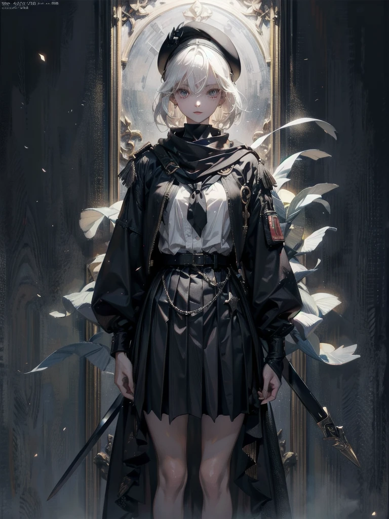 whole body, super model, perfect shape, beret, skirt, uniform, holding a sword, absurdres, RAW photo, extremely delicate and beautiful, masterpiece, Best Quality, ultra high resolution, 32k, hyperrealistic, ultra-detailed, perfect figure, detailed description, pale skin, 20 years old, detailed beautiful face and eyes, tearful mole, earring, short medium hair, wavy hair,