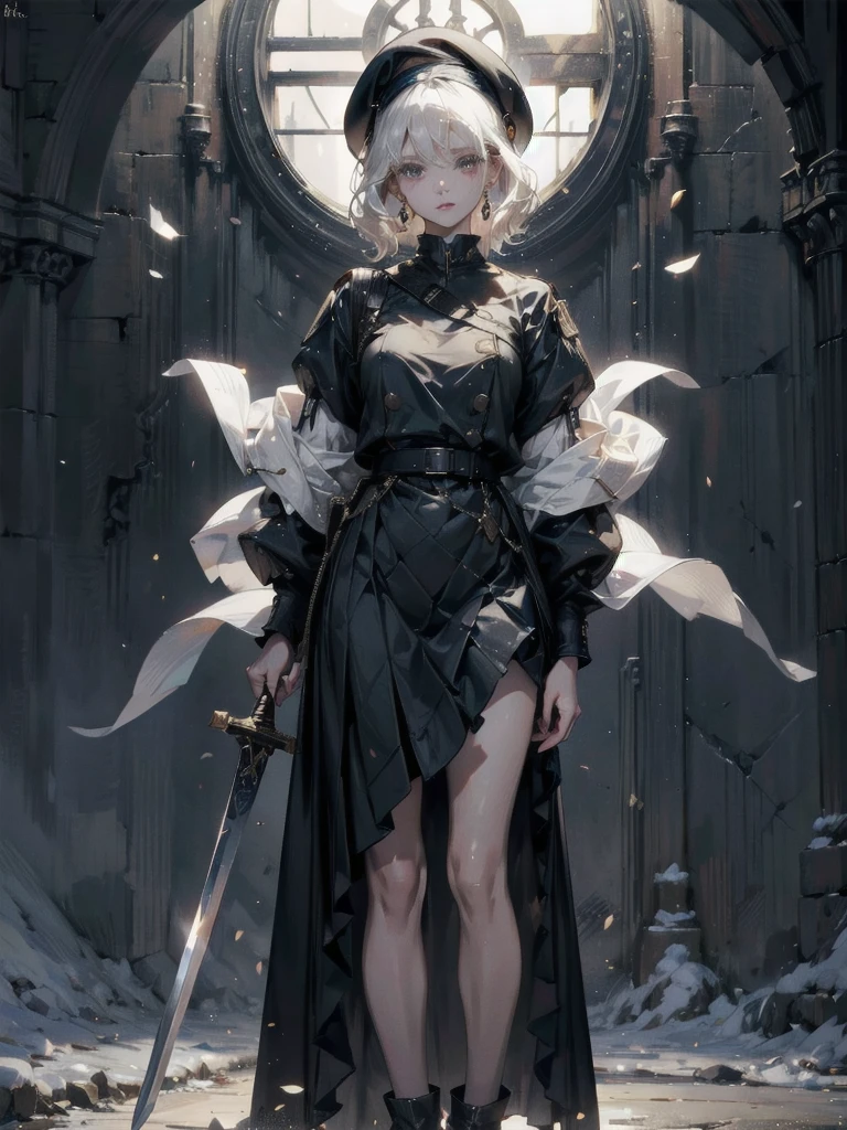 whole body, super model, perfect shape, beret, skirt, uniform, holding a sword, absurdres, RAW photo, extremely delicate and beautiful, masterpiece, Best Quality, ultra high resolution, 32k, hyperrealistic, ultra-detailed, perfect figure, detailed description, pale skin, 20 years old, detailed beautiful face and eyes, tearful mole, earring, short medium hair, wavy hair, 