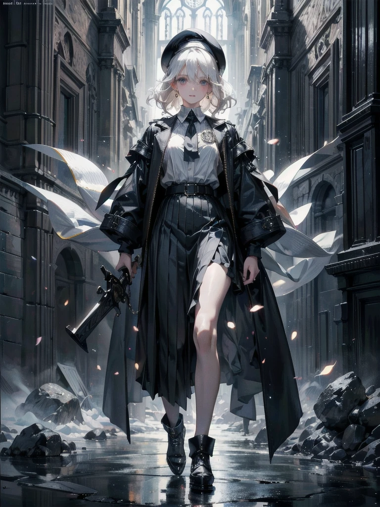 whole body, super model, perfect shape, beret, skirt, uniform, holding a sword, absurdres, RAW photo, extremely delicate and beautiful, masterpiece, Best Quality, ultra high resolution, 32k, hyperrealistic, ultra-detailed, perfect figure, detailed description, pale skin, 20 years old, detailed beautiful face and eyes, tearful mole, earring, short medium hair, wavy hair, 
