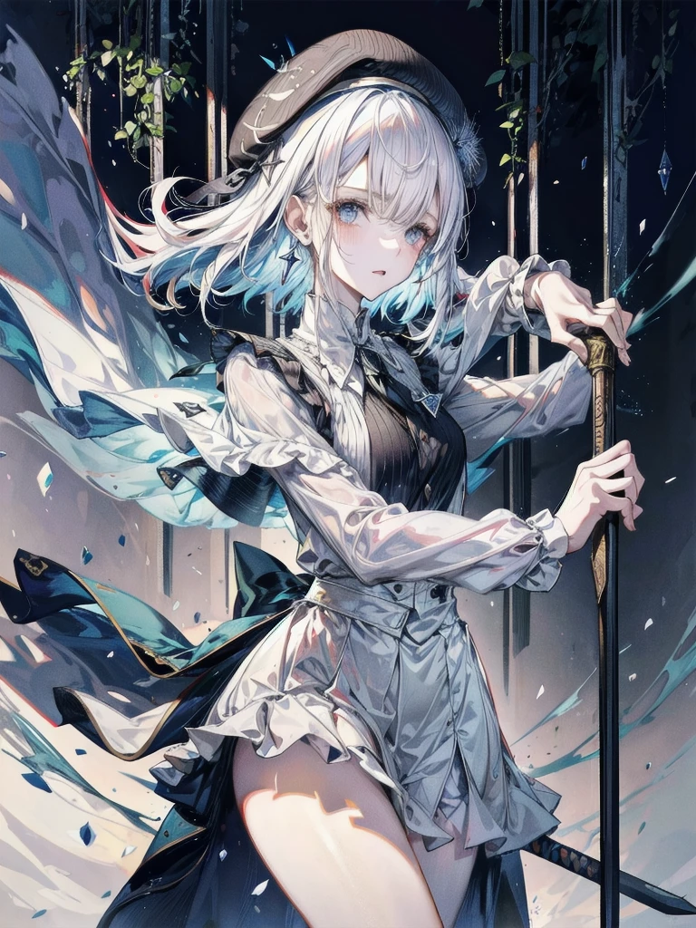 whole body, super model, perfect shape, beret, skirt, uniform, holding a sword, absurdres, RAW photo, extremely delicate and beautiful, masterpiece, Best Quality, ultra high resolution, 32k, hyperrealistic, ultra-detailed, perfect figure, detailed description, pale skin, 20 years old, detailed beautiful face and eyes, tearful mole, earring, short medium hair, wavy hair,