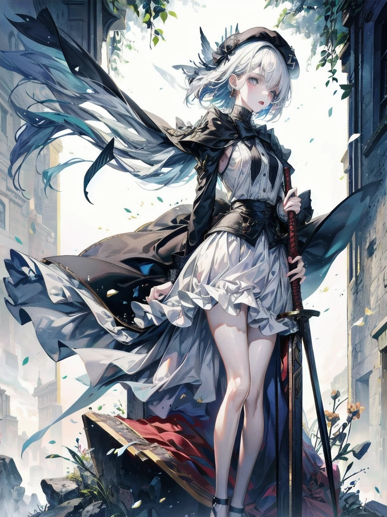 whole body, super model, perfect shape, beret, skirt, uniform, holding a sword, absurdres, RAW photo, extremely delicate and beautiful, masterpiece, Best Quality, ultra high resolution, 32k, hyperrealistic, ultra-detailed, perfect figure, detailed description, pale skin, 20 years old, detailed beautiful face and eyes, tearful mole, earring, short medium hair, wavy hair,