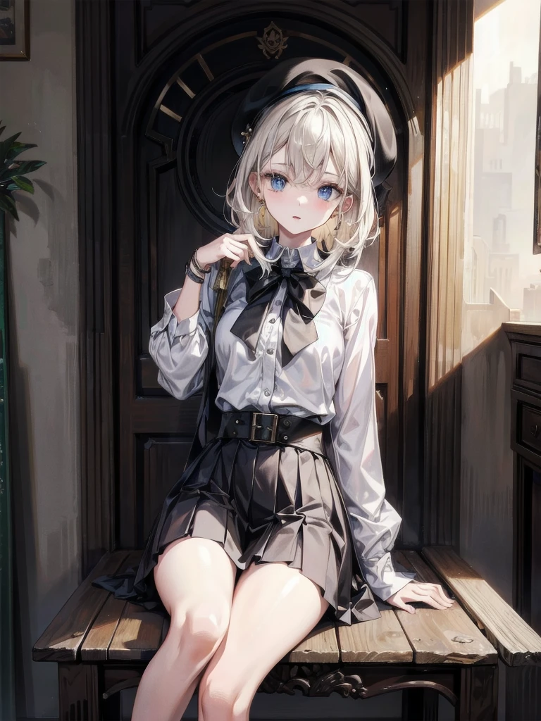 whole body, super model, perfect shape, beret, skirt, uniform, holding a sword, absurdres, RAW photo, extremely delicate and beautiful, masterpiece, Best Quality, ultra high resolution, 32k, hyperrealistic, ultra-detailed, perfect figure, detailed description, pale skin, 20 years old, detailed beautiful face and eyes, tearful mole, earring, short medium hair, wavy hair,
