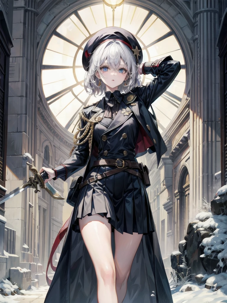 whole body, super model, perfect shape, beret, skirt, uniform, holding a sword, absurdres, RAW photo, extremely delicate and beautiful, masterpiece, Best Quality, ultra high resolution, 32k, hyperrealistic, ultra-detailed, perfect figure, detailed description, pale skin, 20 years old, detailed beautiful face and eyes, tearful mole, earring, short medium hair, wavy hair,