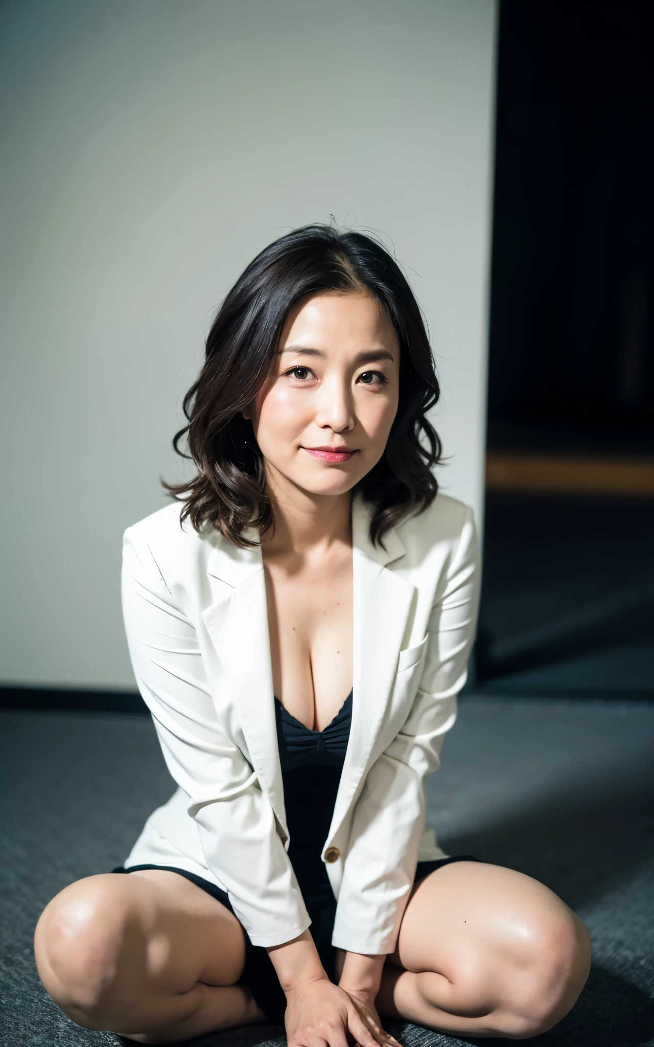 ((Best Quality, 8k, Masterpiece: 1.3)), Photorealistic, Sharp Focus, High Quality, High Definition, Portrait, Solo, Japan, Middle Aged Woman, Beauty, Clothes with Cleavage View, 43 years old, Plump, Wavy Hair, Business suit, Wrinkles at the corners of the eyes, Open legs, Narrow backyard, Lots of boxes, Lots of files, Dark room background