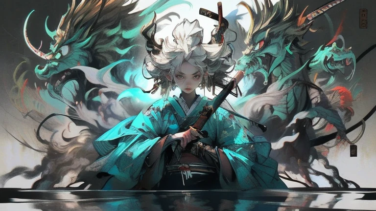 White horned demon, (close: 1.1), Upper Body, weapons, White horned demonhead, Focus on women, sword, single, Japanese Costume, kimono,Handheld, Handheld Weapons, knife, Handheld Sword, sheath, Long sleeve, number suit, kimono, suit... Shrine Background,YouTube images