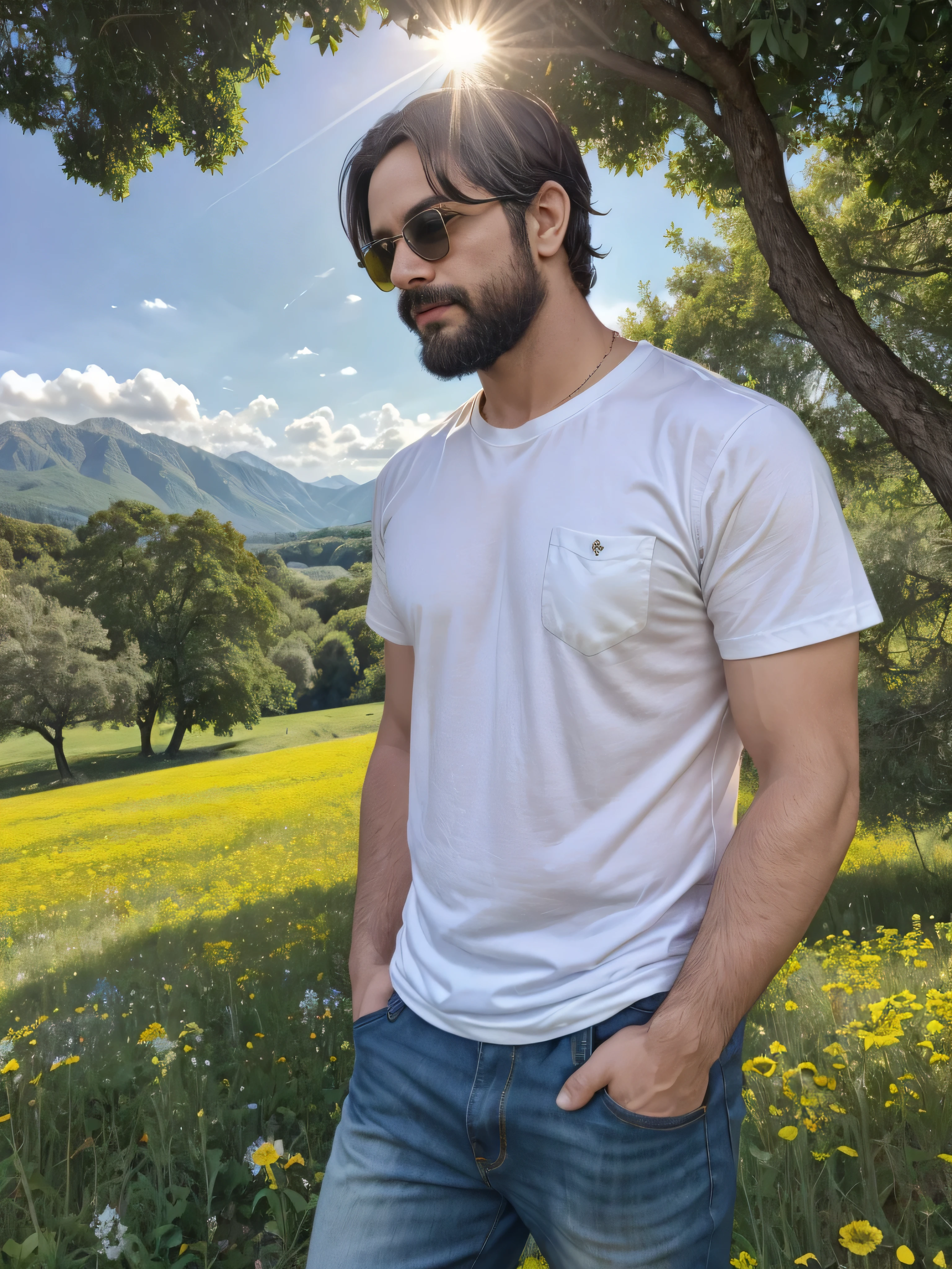 On a sunny summer afternoon, a 38-year-old man stands in a vast, green meadow surrounded by nature in full bloom. He has a well-groomed beard and wears dark sunglasses to shield his eyes from the sun's glare. His red and white checkered shirt is slightly unbuttoned, revealing a white T-shirt underneath. The wind gently tousles his dark hair, giving him a carefree and relaxed look. The landscape around him is full of life and color, with vibrant wildflowers in shades of yellow, red, and purple scattered across the meadow. Tall green trees border the field, and in the distance, majestic mountains rise under a clear blue sky with a few fluffy white clouds lazily floating by. The man is captured in a medium shot, clearly showing the upper part of his body. His hands rest in the pockets of his jeans, and his expression reflects deep peace and contentment. The golden sunlight casts soft shadows and highlights the bright colors of the flowers and his outfit, capturing a perfect moment of harmonious connection with nature.