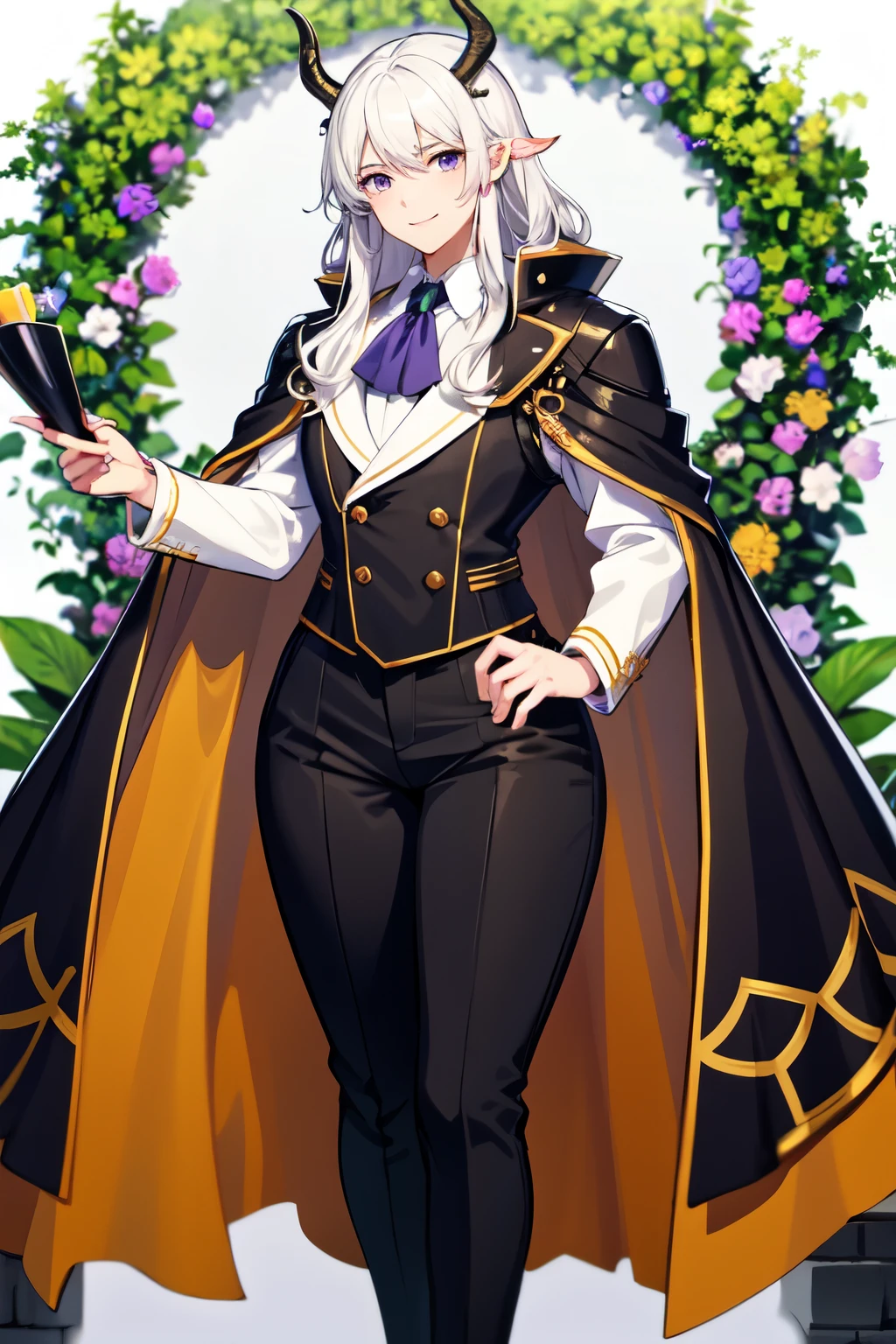 male, bishounen, pretty, kriede, antelope horns, purple eyes, white hair, long hair, smile, goat ears, black button up jacket, tan cape, black pants, wavy hair, thick bangs, gentle, arknights, tan cravat, garden, wavy hair, thick hair, messy hair, ebenholz, man