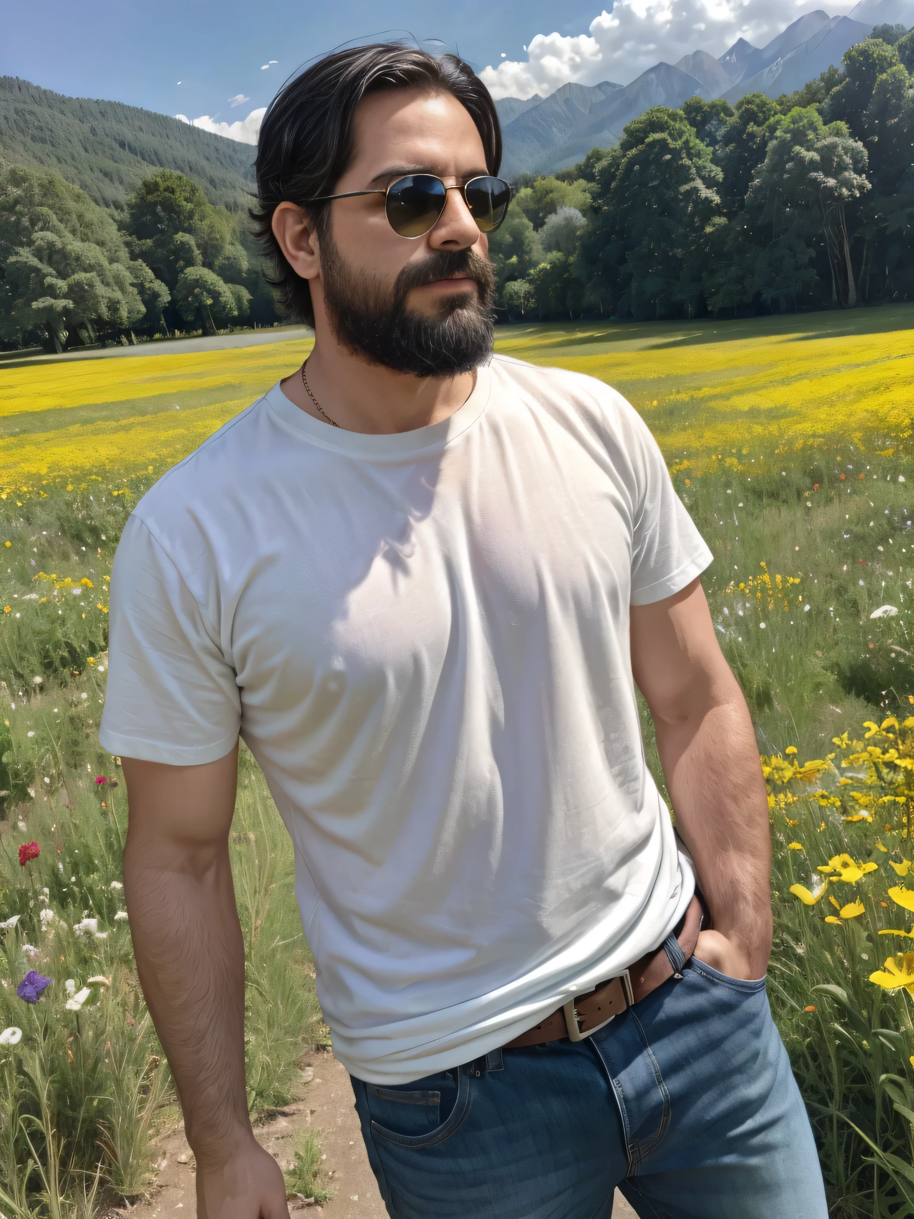 On a sunny summer afternoon, a 38-year-old man stands in a vast, green meadow surrounded by nature in full bloom. He has a well-groomed beard and wears dark sunglasses to shield his eyes from the sun's glare. His red and white checkered shirt is slightly unbuttoned, revealing a white T-shirt underneath. The wind gently tousles his dark hair, giving him a carefree and relaxed look. The landscape around him is full of life and color, with vibrant wildflowers in shades of yellow, red, and purple scattered across the meadow. Tall green trees border the field, and in the distance, majestic mountains rise under a clear blue sky with a few fluffy white clouds lazily floating by. The man is captured in a medium shot, clearly showing the upper part of his body. His hands rest in the pockets of his jeans, and his expression reflects deep peace and contentment. The golden sunlight casts soft shadows and highlights the bright colors of the flowers and his outfit, capturing a perfect moment of harmonious connection with nature.