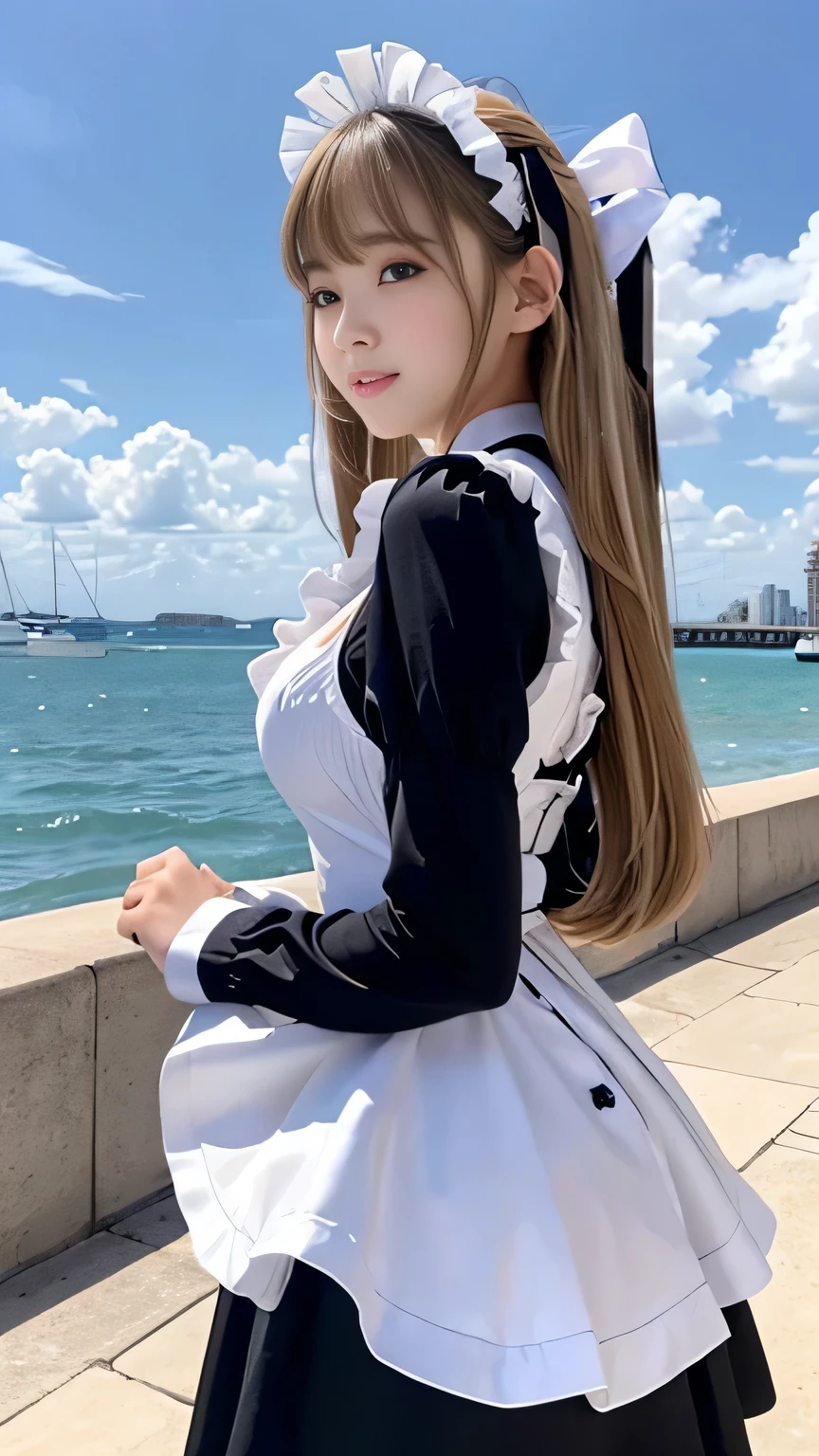Sexy Big 、A cute -yeld giwith a sexy and cute look, beautiful and sexy face、A strong wind blows my hair in front of my face、With straight blonde hair、beautiful, Cute and sexy eyes hidden behind long bangs、Sexy maid outfit、Cute ribbon
