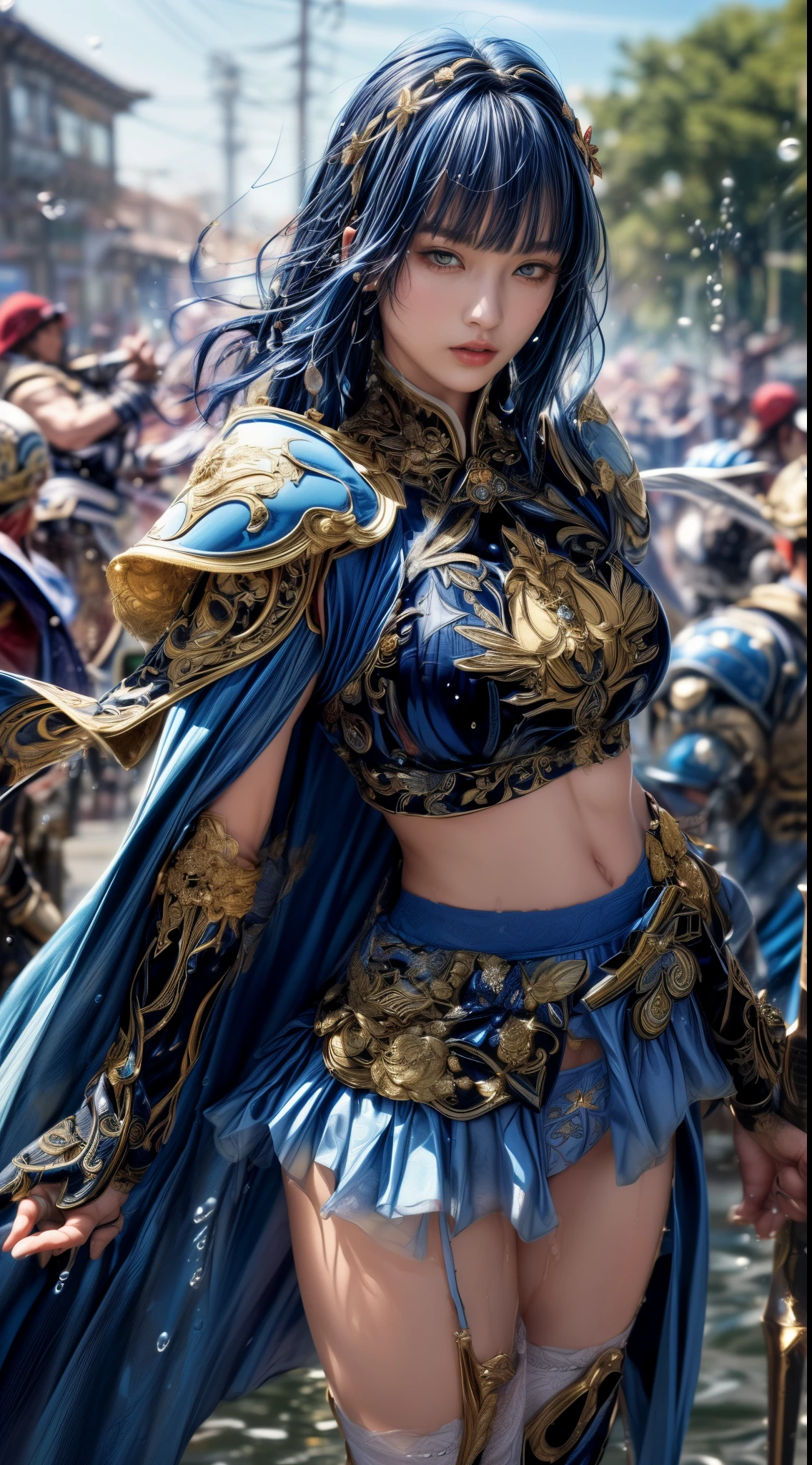 Very beautiful woman、Slender women、(Detailed face)、Realistic Skin、((Paladin)), ((Dark blue armor))、((((A black armor with extremely detailed and intricate decoration.:1.1))))、((Delicate photo)),(Girl Astepeace RAW Photo Details:1.25), (highest quality:1.6), (超A high resolution:1.5), (Realistic:1.75), 8K resolution, Canon EOS R5, 50mm, Absurd, Super detailed,Cinema Lighting,((Fightfield))、((Fight))、(((Navy embellished skirt)))、Thigh-high socks、Shingard、((Dark blue hair))、((Bowl cut hairstyle with bangs,))、Get a six pack、Cape、Beautiful Armor、(((Has a huge weapon)))、(In combat)、The wind is blowing、((Symmetrical armor))、((((splash))))、(((Leads a large group of blue knights:1.2)))、banner、Armor with a dragon motif、(((Battle Scenes)))、((Browsing Caution))、(((I can see her panties:1.4)))、((windy skirt))
