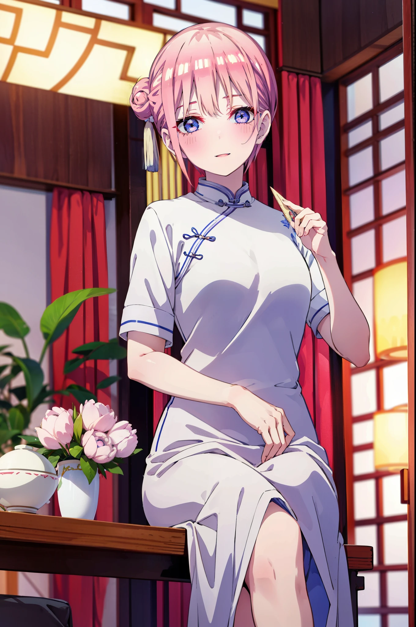 ichikanakano, ichika nakano, short hair, bangs, blue eyes, Hair between the eyes, Pink Hair, One side up, happy smile, smile, Open your mouth,blush,Open your mouth,White Chinese Dress,Hair Bun, double  Hair Bun,Black pantyhose,Stiletto heels,whole bodyがイラストに入るように,Sitting cross-legged on a chair,
break indoors, Chinese Restaurant,                       　  break looking at viewer, whole body,
break (masterpiece:1.2), highest quality, High resolution, unity 8k wallpaper, (shape:0.8), (Beautiful and beautiful eyes:1.6), Highly detailed face, Perfect lighting, Extremely detailed CG, (Perfect hands, Perfect Anatomy),