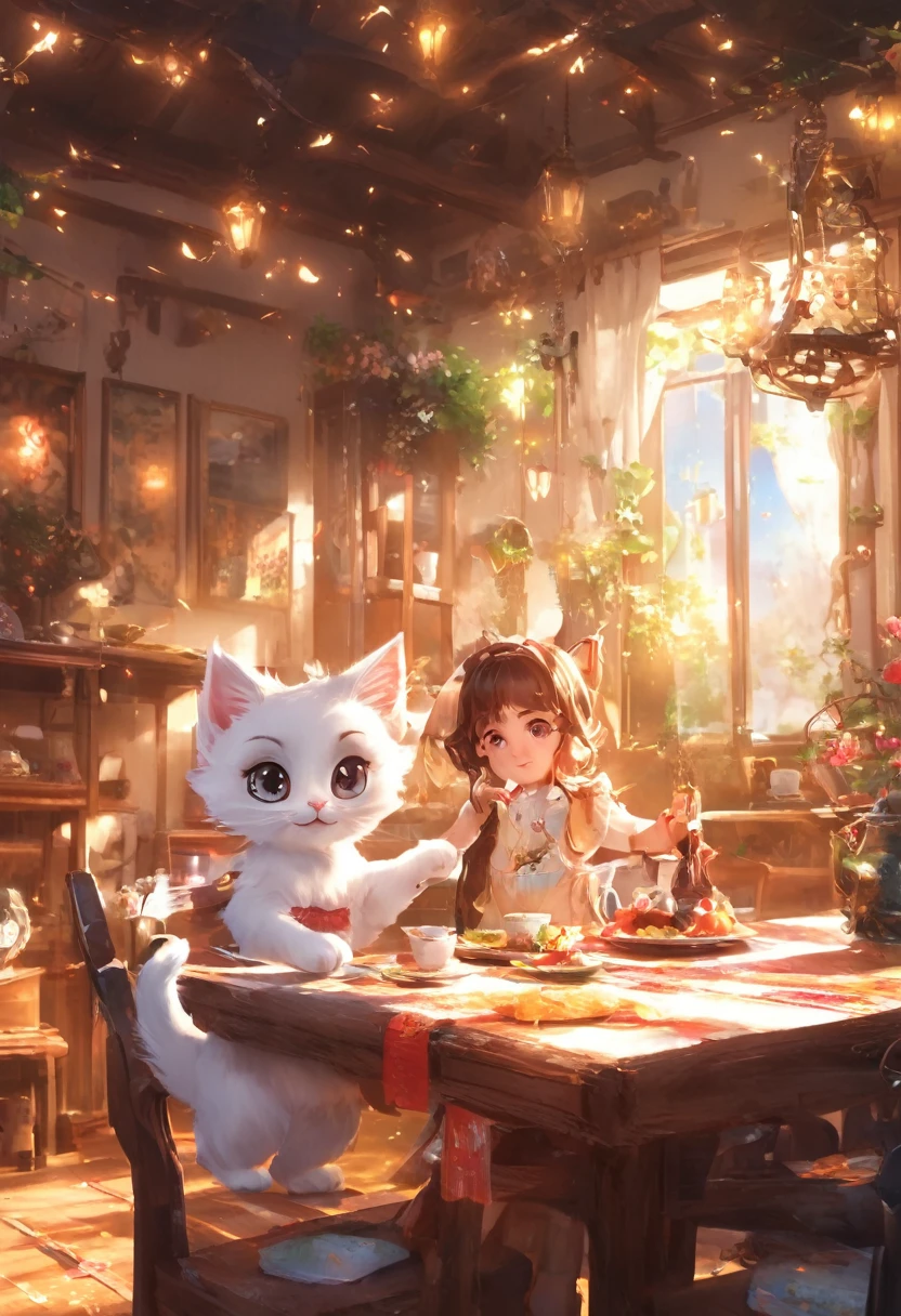 (Panorama, center, masterpiece, highest quality: 1.2), (8K, Raw photo, highest quality), ((masterpiece:1.2)), Realistic, Ultra-high resolution, High Contrast, Photon Mapping, Bright colors, Real, Ultra-detailed, Very detailed, Raw photo, Genuine, Official Art, RAW Photos, Professional Lighting, Light, Professional Writing, twiceLight, Vivid atmosphere, High-definition CG, Unity8k), With a girl in a high 、One white kitten、Eating in the living room。A warm light envelopes a girl and a kitten.、The atmosphere is intimate and safe。On the dining table、A lineup of homemade dishes、enjoying。The interior of the house、Beautifully appointed、It creates a peaceful atmosphere。Family photos and memorabilia on the walls々Decorated with、You can feel the family history and ties.。There's a fire in the fireplace、The warmth spreads throughout the house.。There are plants in the living room、You can feel the vitality of nature。Outside the window、There is a beautiful garden。Colorful flowers bloom in the garden、I can see the little birds chirping。Children playing in the garden、The adults are shown watching over them.。Family ties in nature are emphasized、It gives a sense of the beginning and growth of life.。The home is a sacred place.、By valuing time with family、It symbolizes a day of peace of mind and fulfillment.。Captivating natural beauty,Shining Star Fragment, An atmosphere that exudes the excitement of adventure。An atmosphere that makes you feel happy and joyful。High Fantasy Worldview,　A magnificent compositionや比率が美しく描写, Guardian nebula of rainbow light and silvery vapor, Corrosive Encirclement Ray Family Color, Slimy air, A magnificent composition, Epic proportions,