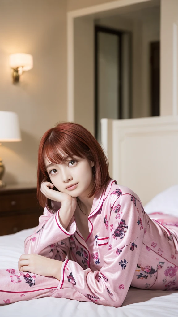 A woman in pink floral pajamas is sitting on her bed, Redhead girl, beautiful Redhead woman, Redhead woman, young Redhead girl, Short bright red hair, Red hair and attractive features, Anna Nikonova、Also known as New Milky, Redhead girl, Redhead, Beautiful woman, Posing in bed, Redhead, Short Red Hair, Posing in the room