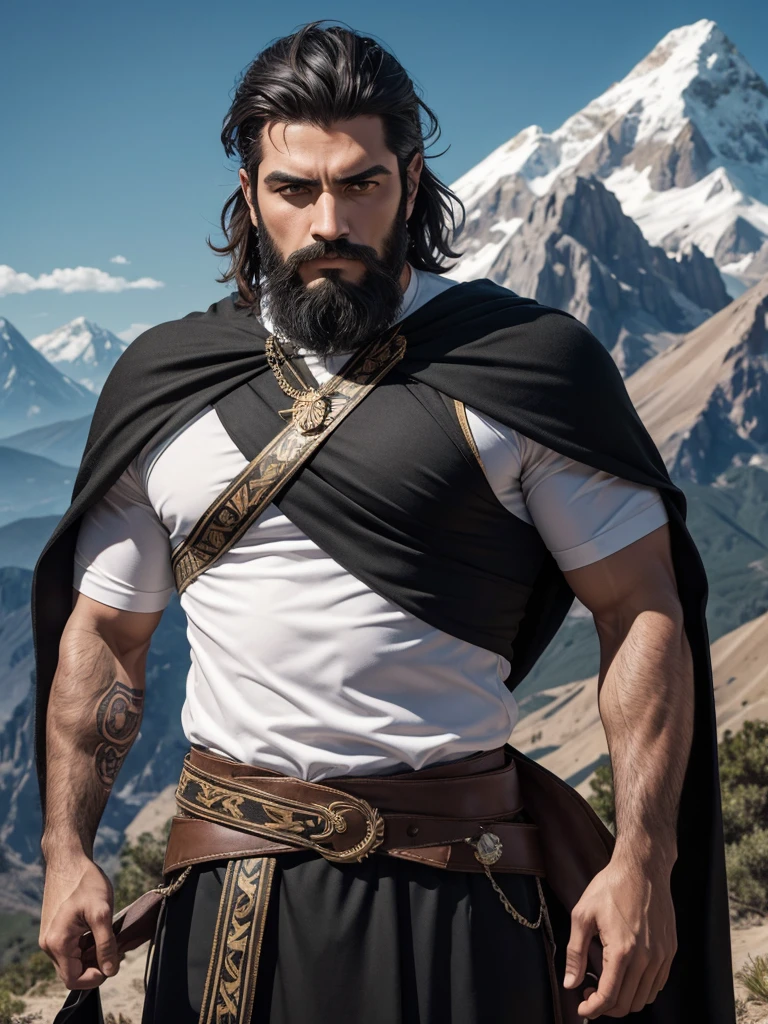 Hombre guerrero con Alas membranosas. Ojos avellanas. Pelo a los hombros. Musculoso. Hd. 4k. Traje de combate de cuero negro parte de cuerpo al descubierto. square chin. Hombre Imponente. In the background three-pointed mountain. Noche estrellada. Hombro anchos. Mosculatura marcada. Sin barba.