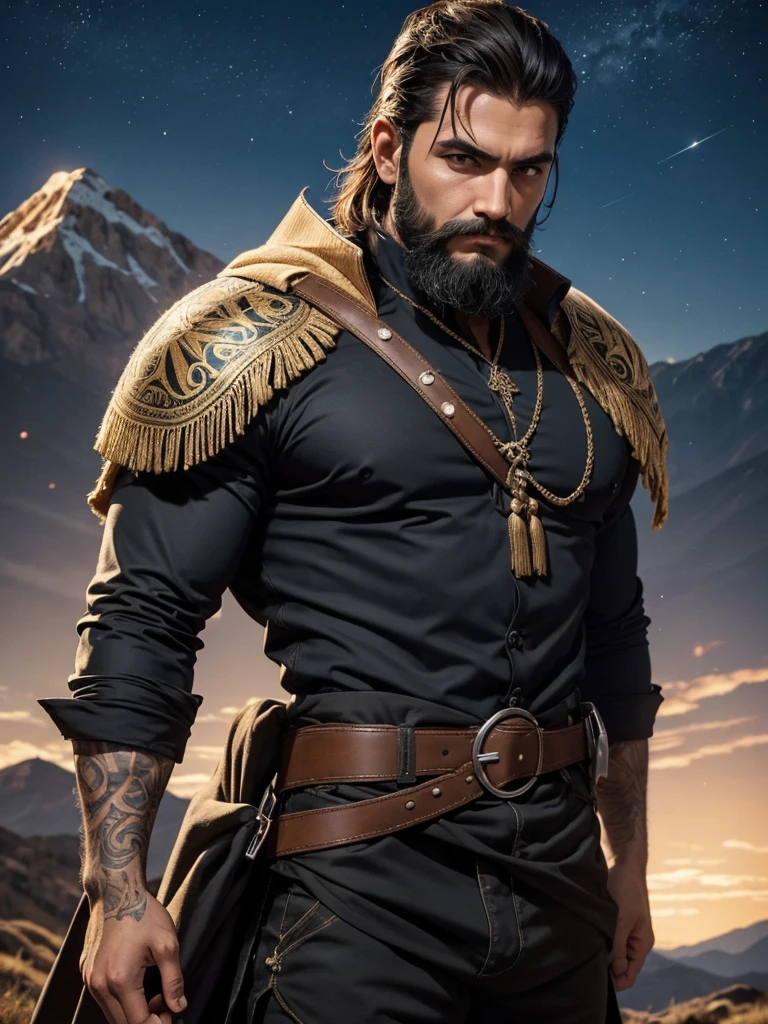 Hombre guerrero con Alas membranosas. Ojos avellanas. Pelo a los hombros.  Musculoso. Hd. 4k. Traje de combate de cuero negro parte de cuerpo al descubierto. square chin. Hombre Imponente. In the background three-pointed mountain. Noche estrellada. Hombro anchos. Mosculatura marcada. Sin barba. 