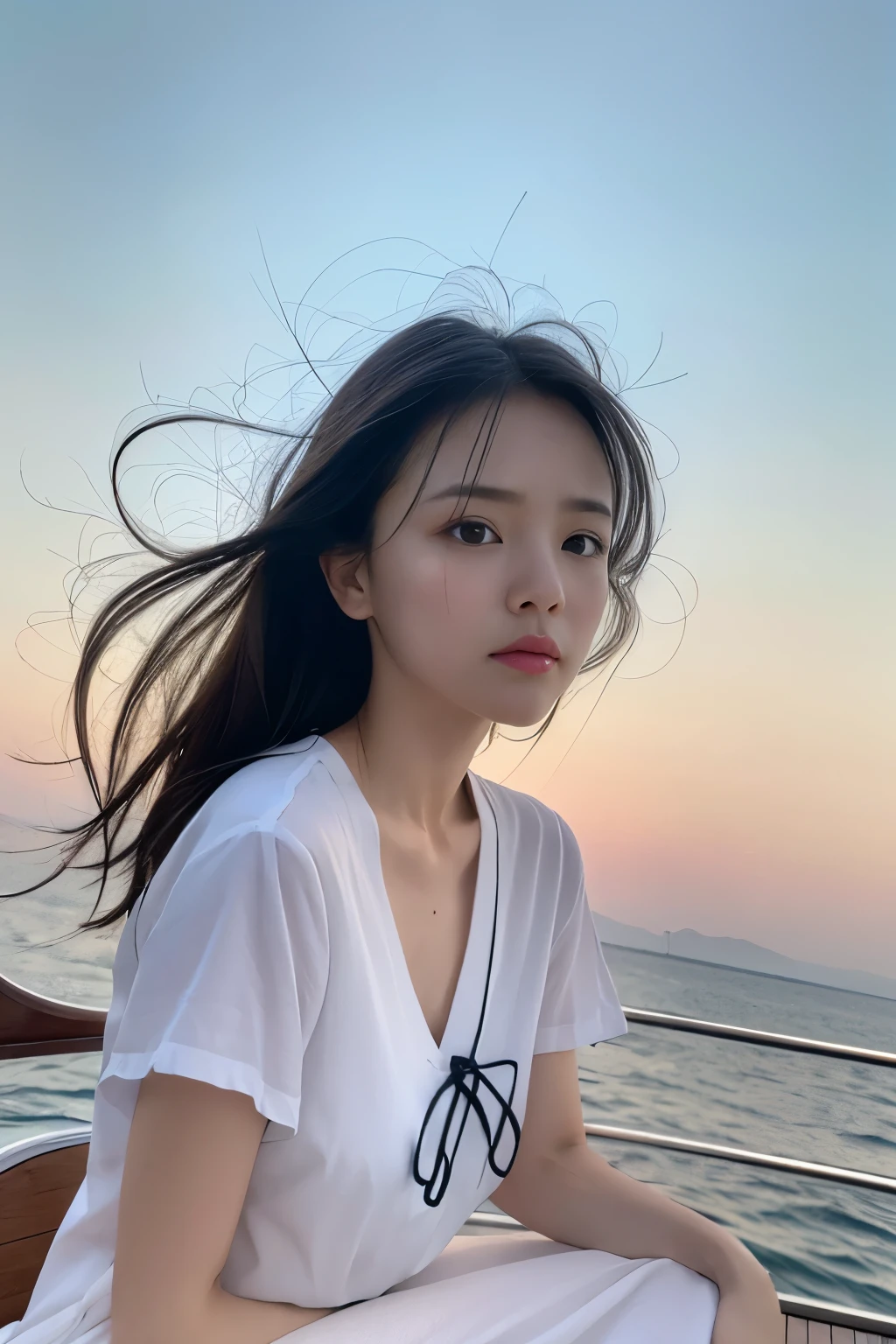 8k, RAW Photos, highest quality, masterpiece:1.2), masterpiece, highest quality, shape, Very detailed, Fine details, High resolution, 8k,wallpaper, Perfect dynamic composition,(High quality with attention to detail, Realistic depiction of eyes:1.3)、Woman with tied hands、Arms around his back、Squatting with legs spread on a yacht at sea、Spreading knees、White panties are visible、A strong wind is blowing and messing up my hair、The whole is facing forward、21talent、Beauty、talent、Well-formed face、Even out the eyes、Beautiful black hair、Balanced proportions、Beautiful feet、Short sleeve blouse、Long skirt、Sad face、Beautiful views、