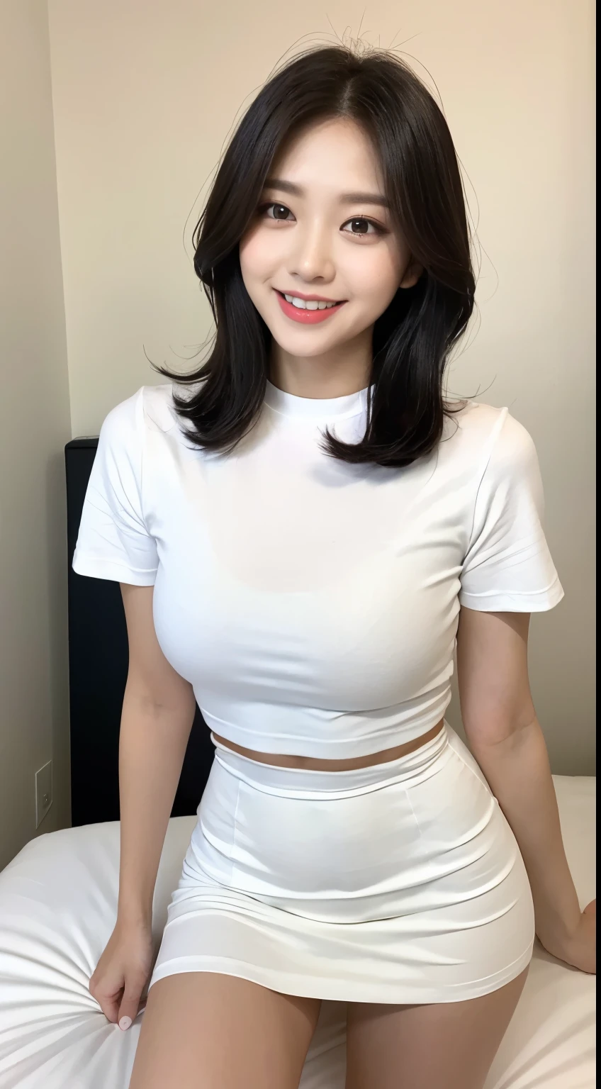 White tight shirt、White tight mini skirt、bed、smile、Short sleeve、high resolution、Korean idol face、double eyelid、White teeth、Medium Hair、Black Hair