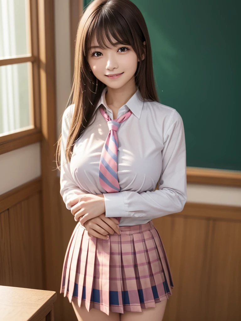 8K, highest quality, The real picture, Intricate details, Very detailed, Ultra-high resolution, Depth Field,(Realistic,Realistic:1.2),Tabletop , (Full Body Shot) , From the middle , 1 girl, eye_Chan, Very beautiful 17 year old girl, innocent big eyes,、Beautiful breasts:1.5、非常に詳細なeye:1.2)、(Beautiful breasts:1.1)、((Brown Hair))、(Semi-long hair), Asymmetrical bangs, Perfect Skin, Fair skin, Small breasts, Tight waist, alone, Staring at the audience, (smile)、((School_uniform), (White shirt、Wear a tie), (Blue and pink checkered pleated micro mini skirt), ((Fold your arms in front of your chest and act arrogantly)), ((楽しそうなsmile)), ((Perfect hand shape))