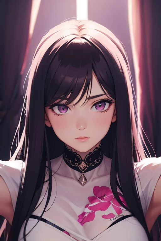 masterpiece, watercolor and oil painting fusion, best quality, hot pink artwork, white line art, beautiful woman, long hair, pink eyes, self portrait, lights up, fine details,