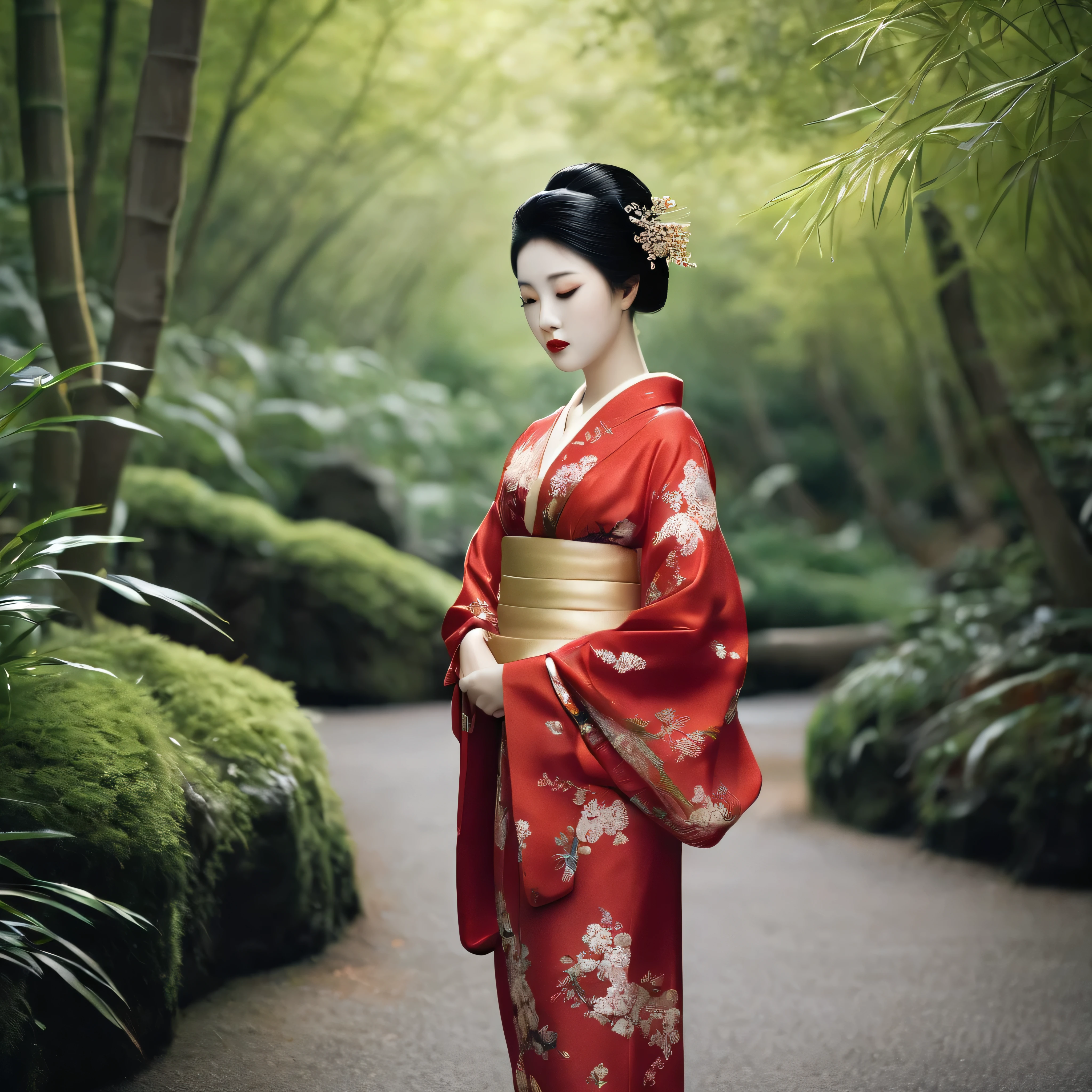 A traditional geisha wearing traditional red yukata, white skin, traditional geisha hair with gold barrettes, white socks, wooden slippers, perfect face, straight black hair, walking in a Japanese garden overlooking a bamboo forest, illuminated place,bokeh effect, stereogram, tachi- e, atmospheric point of view, high detail, luminism, hyperrealism, brightness, 8k, super detail, accurate, best quality, high resolution, award-winning, anatomically correct