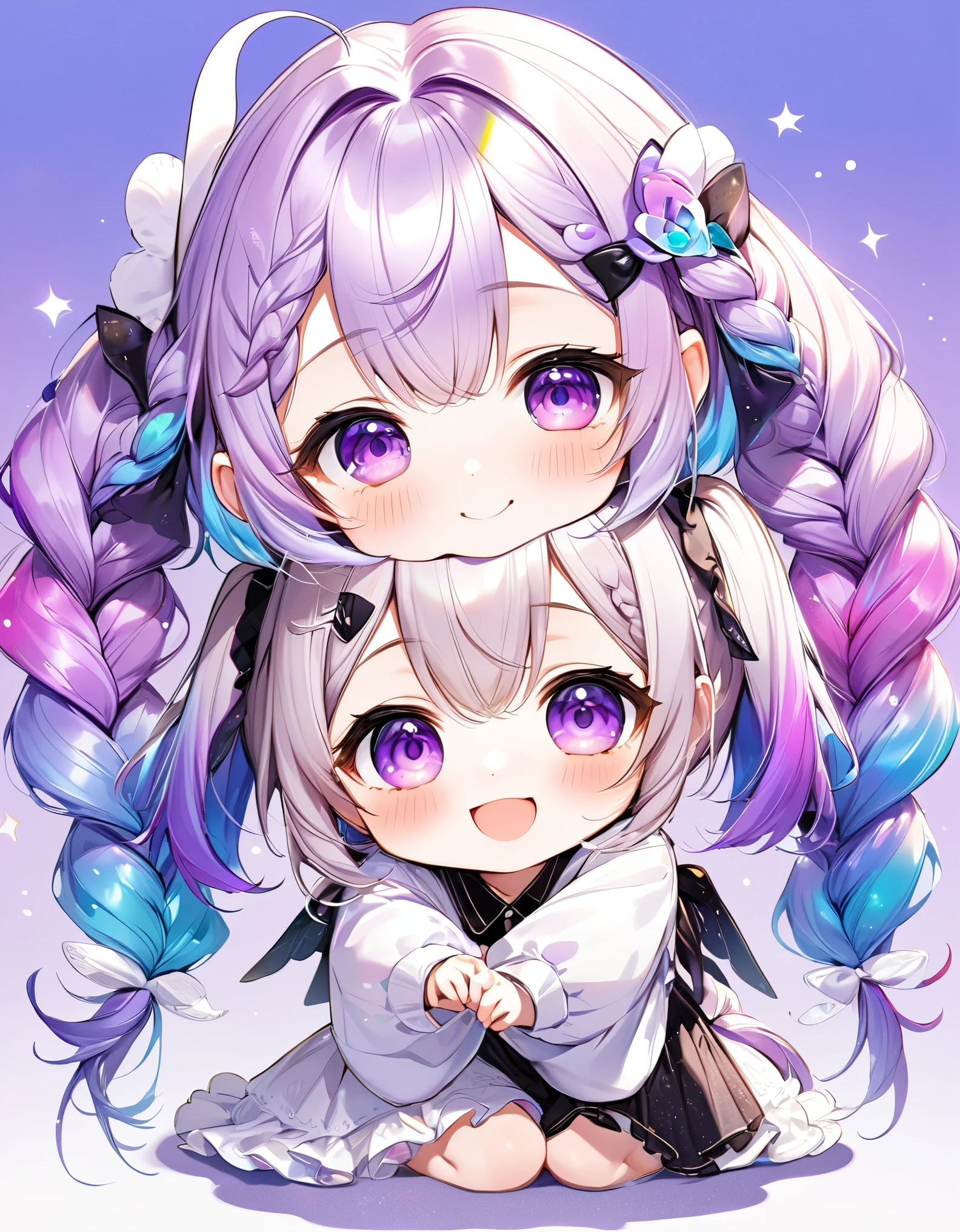 chibi, selfie, best quality, super fine, 16k, incredibly absurdres, extremely detailed, delicate and dynamic, two friendly beauties, happy, smiling, shy, purple eyes and braided low twin tails with gradient from white to purple at the ends, cute pose, close contact, analyzed iridescent pastel color background, vivid color impact, various image beauty effects, (magnificent view:1.2)