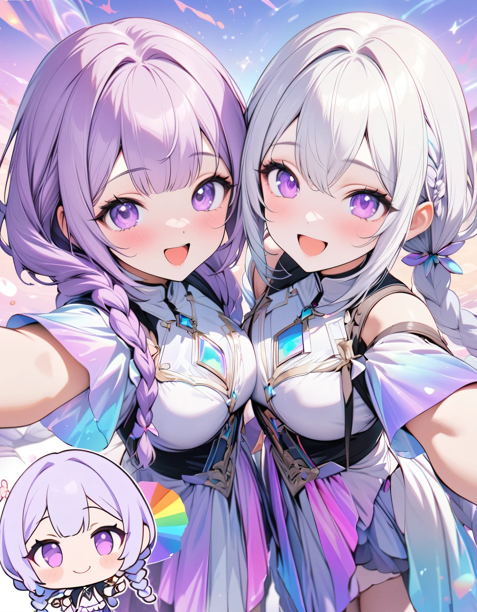 chibi, selfie, best quality, super fine, 16k, incredibly absurdres, extremely detailed, delicate and dynamic, two friendly beauties, happy, smiling, shy, purple eyes and braided low twin tails with gradient from white to purple at the ends, cute pose, close contact, analyzed iridescent pastel color background, vivid color impact, various image beauty effects, (magnificent view:1.2)