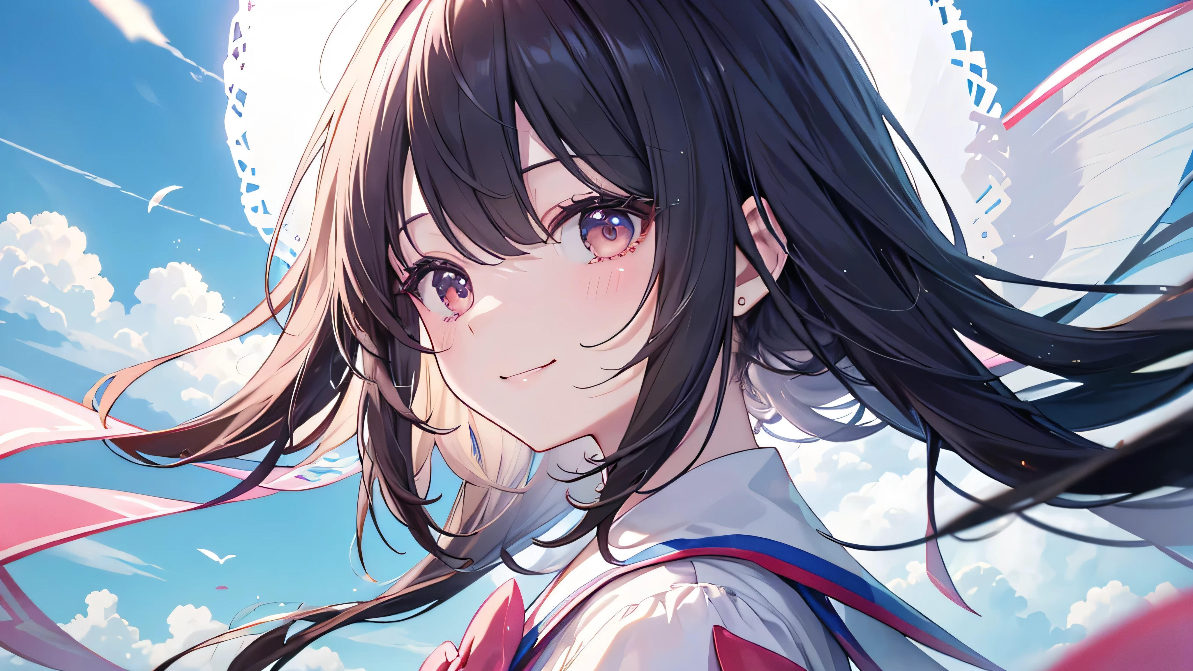 ((profile、Looking up)) 、high school girl,(Highest quality、masterpiece、Super fine、Super fine、Exquisite、16k、Full HD) 、((Big Move,happy,fun))mysterious、(((Angle viewed from above))),Black Hair,Soft sunlight、((Clear skies)) 、smile、(Full of energy)Black Eyes、Long eyelashes、White skin、Pale pink lips、Pale pink cheeks、thin and long)、 ((cute)) ((one person)), ((Best smile)),
