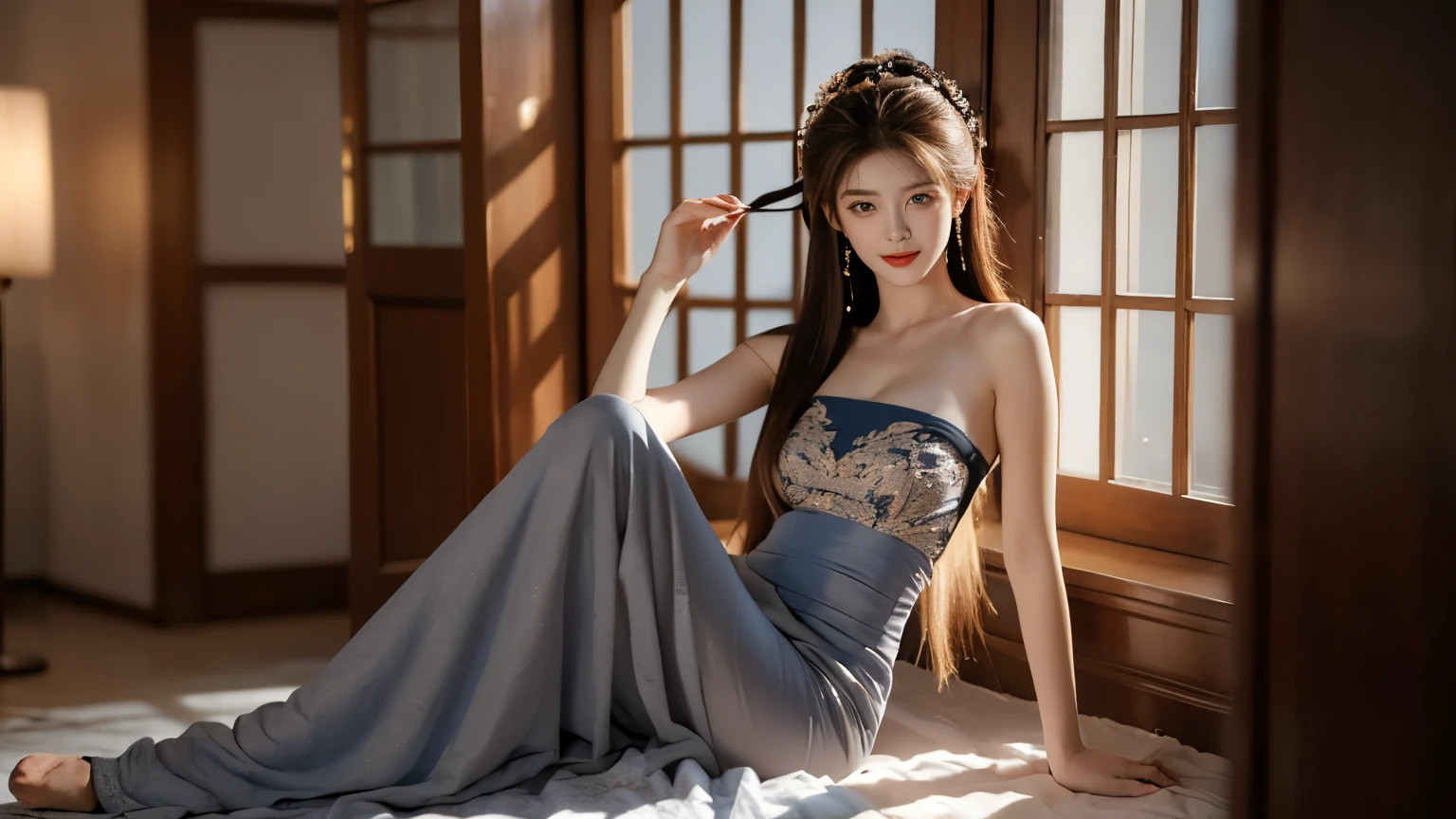 ((best quality, 8K, masterpiece :1.3)), 1 girl, Smile, whole body, Thin face, pretty Woman, (Dark brown hair), full length dress :1.1, Super detailed face, Delicateeyes, Double eyelids, Blurred background, Thin face, In the room,Tuck your knees from the ground