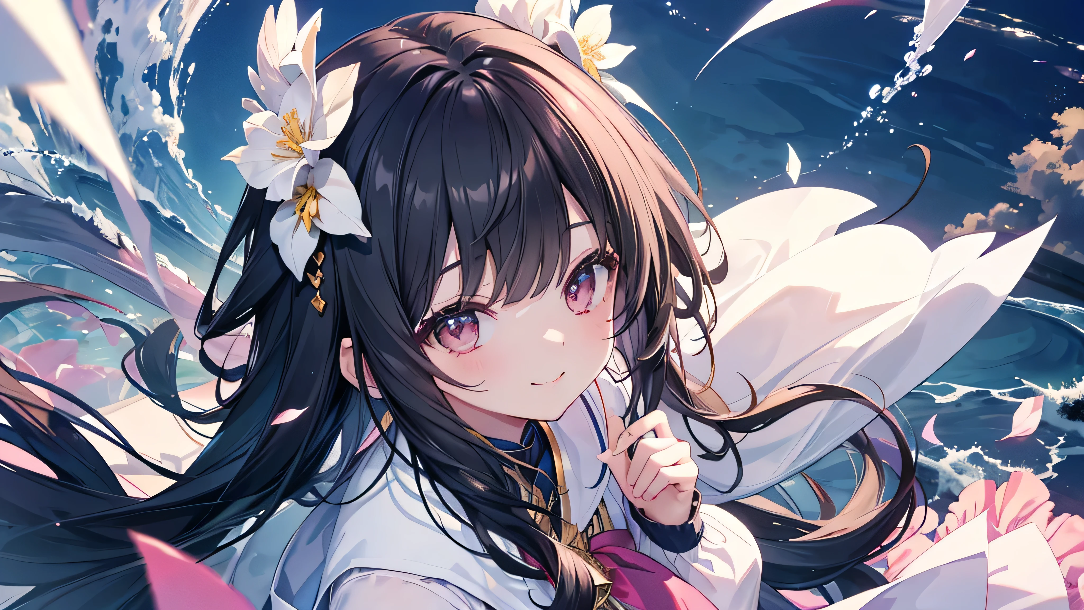high school girl,(Highest quality、masterpiece、Super fine、Super fine、Exquisite、16k、Full HD) 、((profile、Looking up)) 、((Big Move,happy,fun))mysterious、(((Angle viewed from above))),Black Hair,Soft sunlight、((Clear skies)) 、smile、(Full of energy)Black Eyes、Long eyelashes、White skin、Pale pink lips、Pale pink cheeks、thin and long)、 ((cute)) ((one person)), ((Best smile)),
