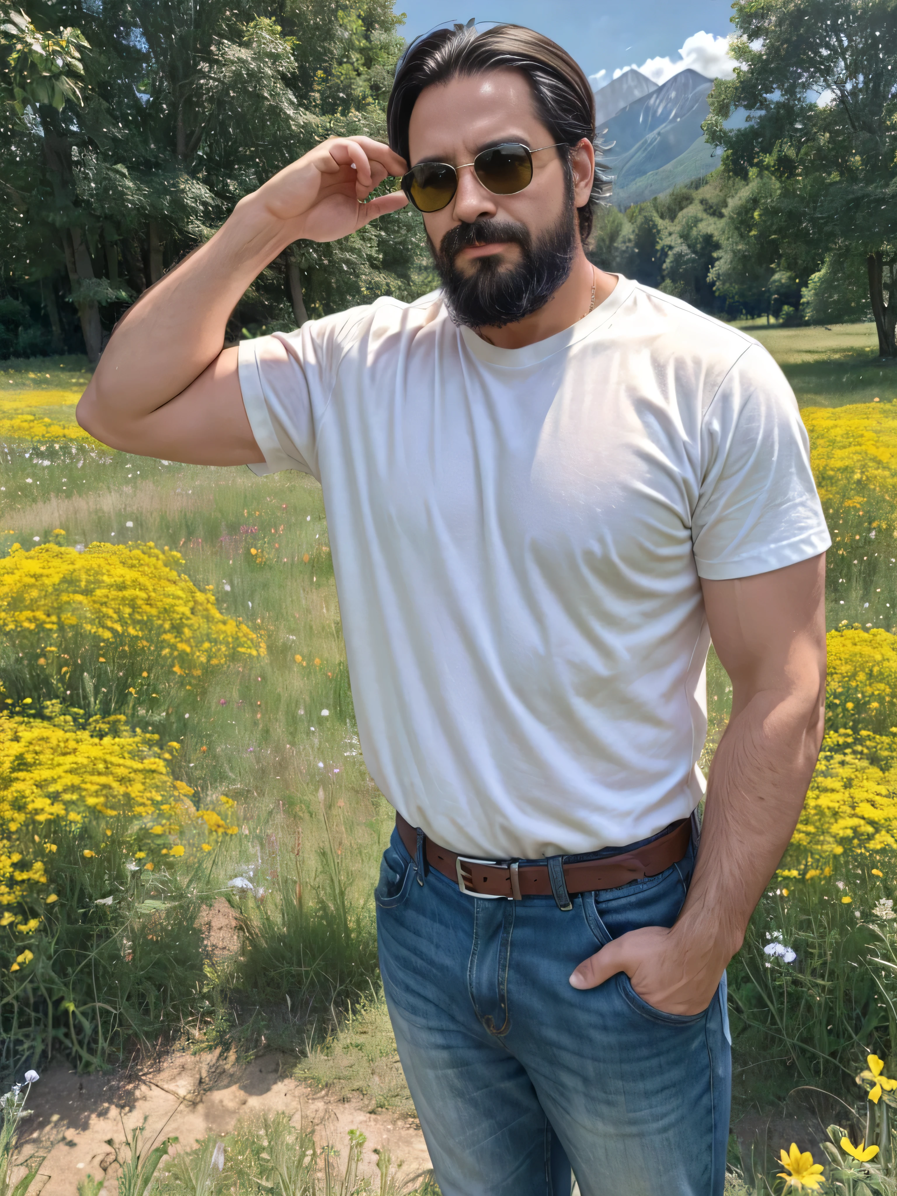 On a sunny summer afternoon, a 38-year-old man stands in a vast, green meadow surrounded by nature in full bloom. He has a well-groomed beard and wears dark sunglasses to shield his eyes from the sun's glare. His red and white checkered shirt is slightly unbuttoned, revealing a white T-shirt underneath. The wind gently tousles his dark hair, giving him a carefree and relaxed look. The landscape around him is full of life and color, with vibrant wildflowers in shades of yellow, red, and purple scattered across the meadow. Tall green trees border the field, and in the distance, majestic mountains rise under a clear blue sky with a few fluffy white clouds lazily floating by. The man is captured in a medium shot, clearly showing the upper part of his body. His hands rest in the pockets of his jeans, and his expression reflects deep peace and contentment. The golden sunlight casts soft shadows and highlights the bright colors of the flowers and his outfit, capturing a perfect moment of harmonious connection with nature.