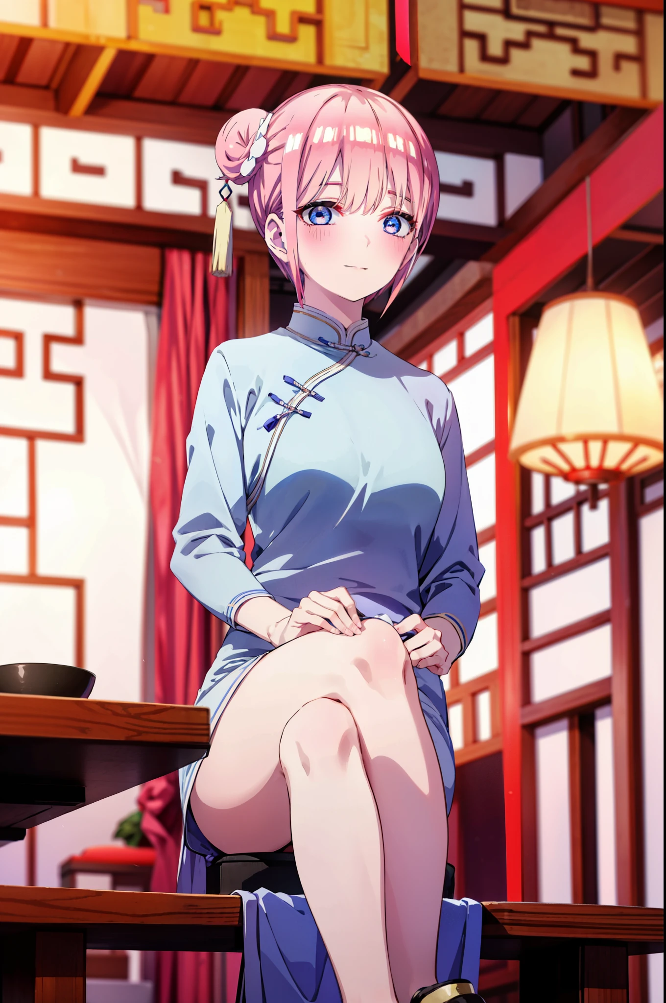 ichikanakano, ichika nakano, short hair, bangs, blue eyes, Hair between the eyes, Pink Hair, One side up, happy smile, smile, Open your mouth,blush,Open your mouth,White Chinese Dress,Hair Bun, double  Hair Bun,Black pantyhose,Stiletto heels,whole bodyがイラストに入るように,Sitting cross-legged on a chair,
break indoors, Chinese Restaurant,                       　  break looking at viewer, whole body,
break (masterpiece:1.2), highest quality, High resolution, unity 8k wallpaper, (shape:0.8), (Beautiful and beautiful eyes:1.6), Highly detailed face, Perfect lighting, Extremely detailed CG, (Perfect hands, Perfect Anatomy),