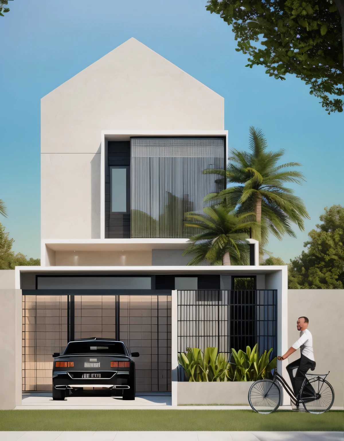 a view of a modern home with a large front yard, main material by white wall and stone and wood,  1 road runs in front of the house,  (RAW photo, real, best quality, masterpiece:1.2), look morden minimalist, 1 road in front of the house, shime ring light, light brighteness from indoor:1.2, dynamic lighting:1.3, (hyper realistic, photo-realistic:1.2), high quality, day lighht, hight contrast :0.5 perfect lighting, archdaily,  award winning contemporary, contemporary masterpiece, well-designed masterpiece, large modern residence, neotraditional modern, wide angle exterior 2022, midcentury modern, contemporary house, hip modern vibe, a long-shot from front, award winning modern design, stunning lines, residential, subtle detailing,Green tree in front of the house,There is a large, modern swimming pool in front of the house,((sunset light)), (infinity swimming pool)