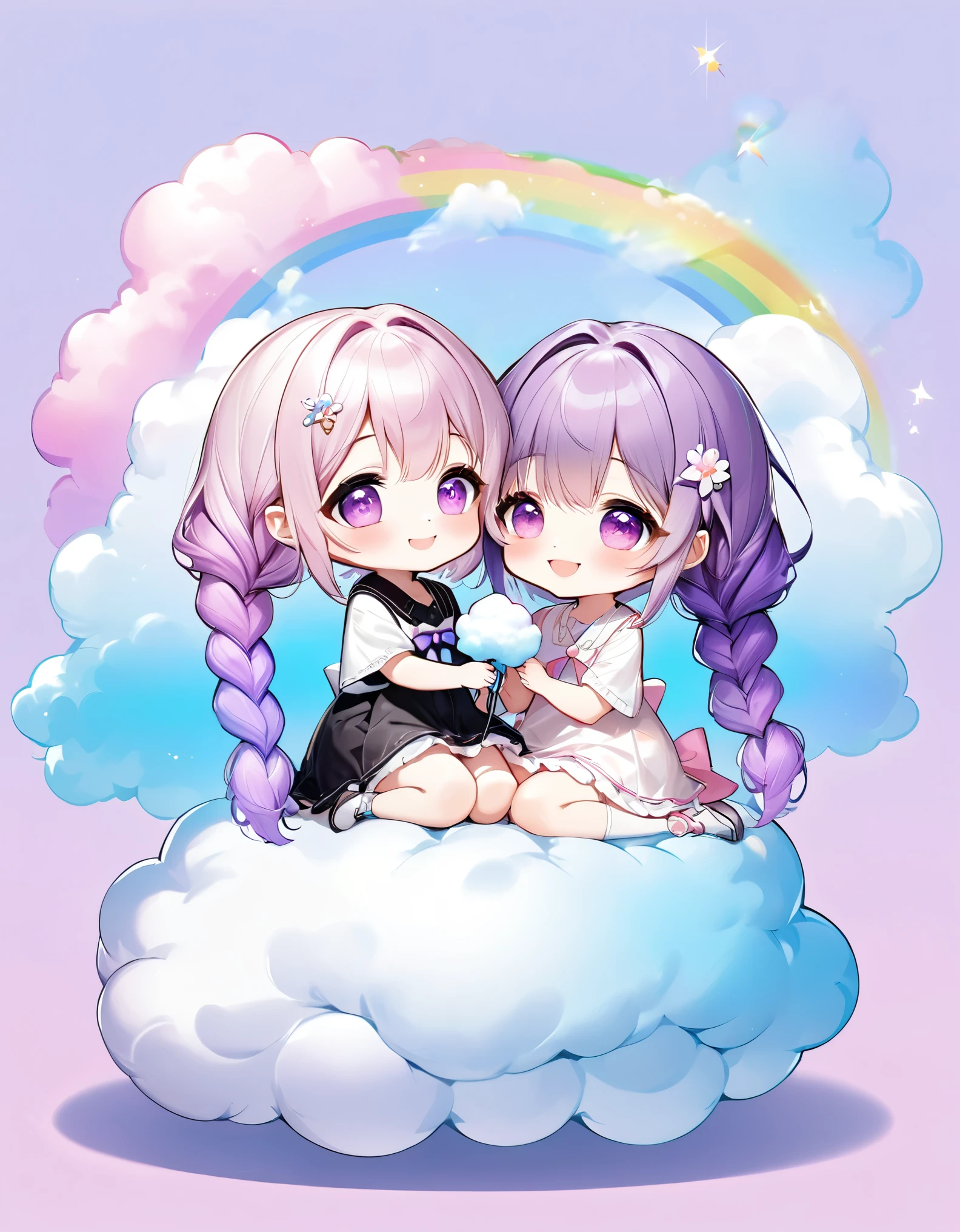 chibi, best quality, super fine, 16k, incredibly absurdres, extremely detailed, delicate and dynamic, two friendly beauties, happy, smiling, shy, purple eyes and braided low twin tails with gradient from white to purple at the ends, cute pose, close contact, sitting on a fluffy cotton candy-like cloud, analyzed iridescent pastel color background, vivid color impact, various image beauty effects, (magnificent view:1.3)