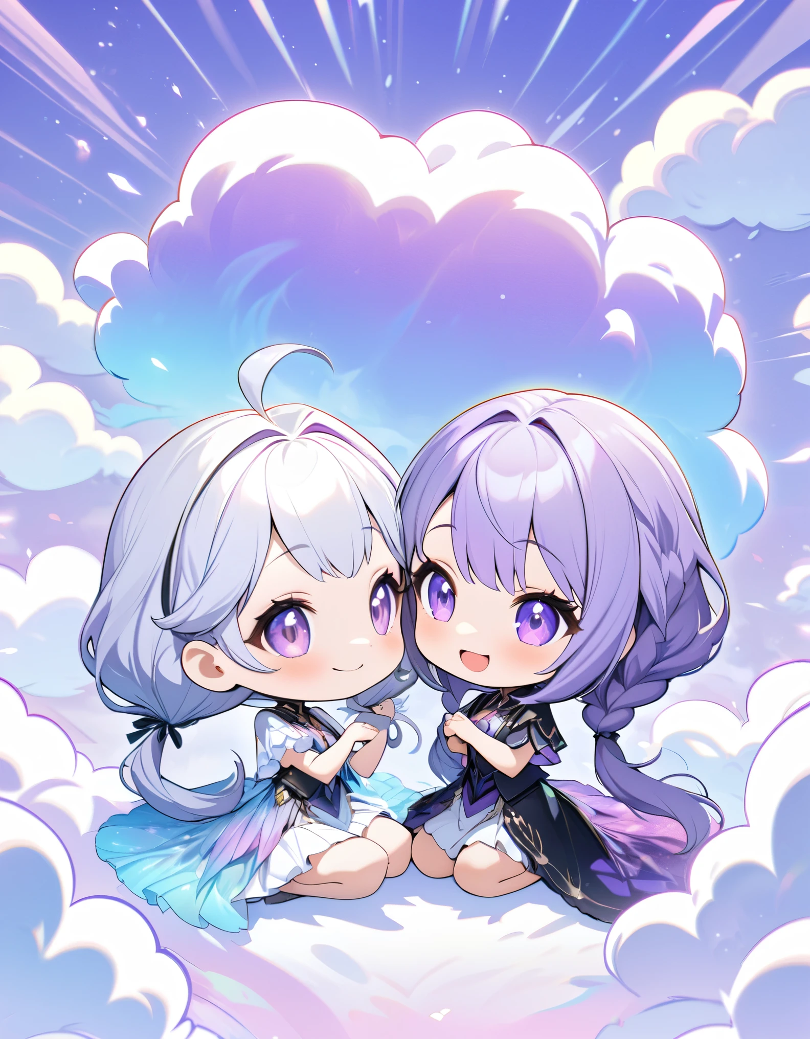 chibi, best quality, super fine, 16k, incredibly absurdres, extremely detailed, delicate and dynamic, two friendly beauties, happy, smiling, shy, purple eyes and braided low twin tails with gradient from white to purple at the ends, cute pose, close contact, sitting on a fluffy cotton candy-like cloud, analyzed iridescent pastel color background, vivid color impact, various image beauty effects, (magnificent view:1.3)