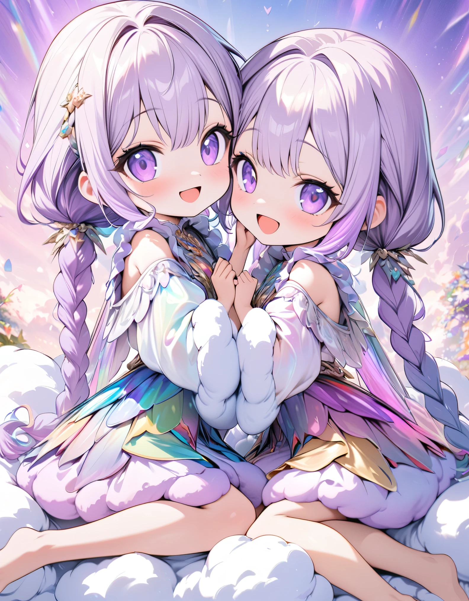 chibi, best quality, super fine, 16k, incredibly absurdres, extremely detailed, delicate and dynamic, two friendly beauties, happy, smiling, shy, purple eyes and braided low twin tails with gradient from white to purple at the ends, cute pose, close contact, sitting on a fluffy cotton candy-like cloud, analyzed iridescent pastel color background, vivid color impact, various image beauty effects, (magnificent view:1.3)