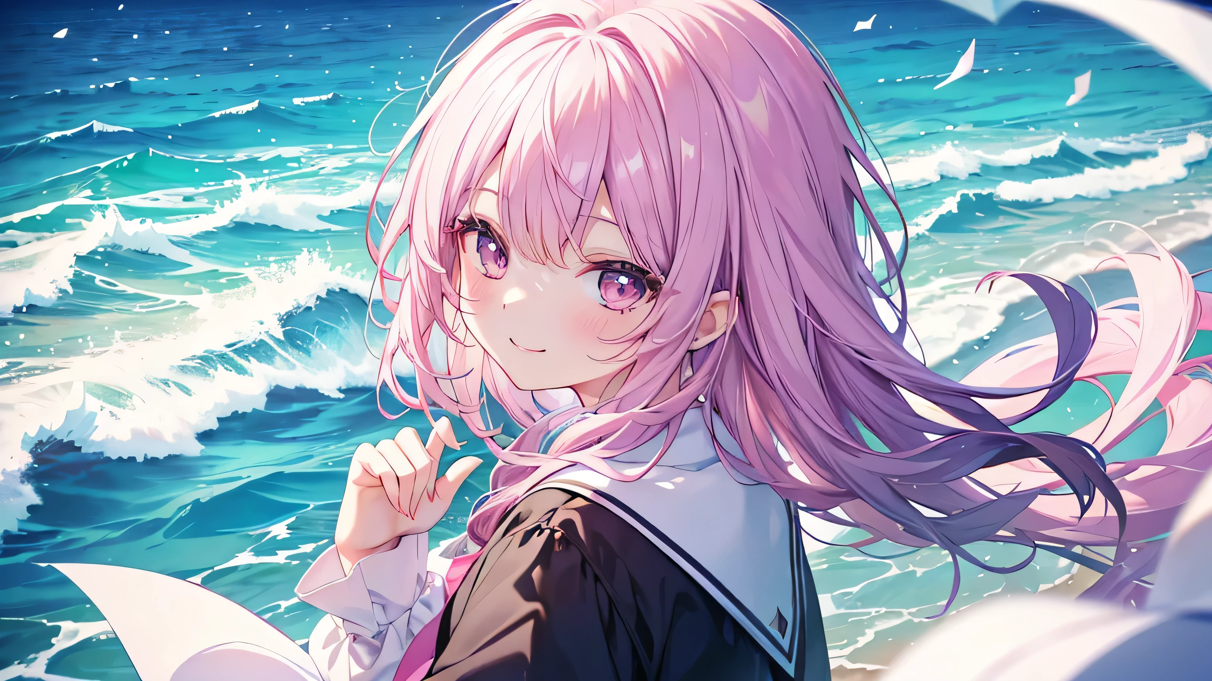 high school girl,(Highest quality、masterpiece、Super fine、Super fine、Exquisite、16k、Full HD) 、((Back view)), ((Big Move,happy,fun))mysterious、(((Angle viewed from above))),Black Hair,Soft sunlight、((Clear skies)) 、smile、(Full of energy)Black Eyes、Long eyelashes、White skin、Pale pink lips、Pale pink cheeks、thin and long)、 ((cute)) ((one person)), ((Best smile)),