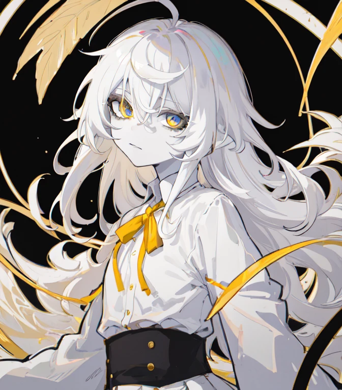 (best quality, masterpiece), 1girl, solo, pale skin, clothes, charlotte, white hair, long hair, hair between eyes, golden eyes, dull eyes, small mouth, no breasts, white shirt, white skirt, skirt, monochrome, yellow ribbon, portrait, (face close up), apathy